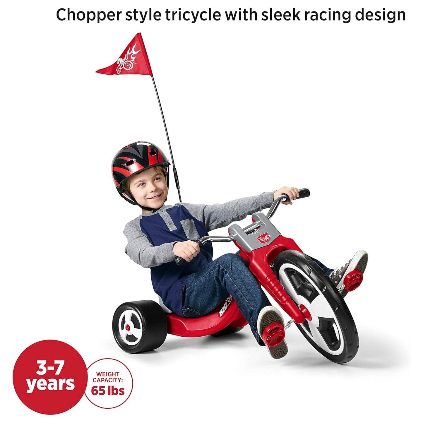 Radio Flyer Big Flyer Sport, for Kids 3-7, Chopper-Style Tricycle with 16-Inch Front Wheel, Adjustable Seat, Chrome Handlebars, Removable Racing Pennant, Performance Grip Tread, Tricycle for Kids