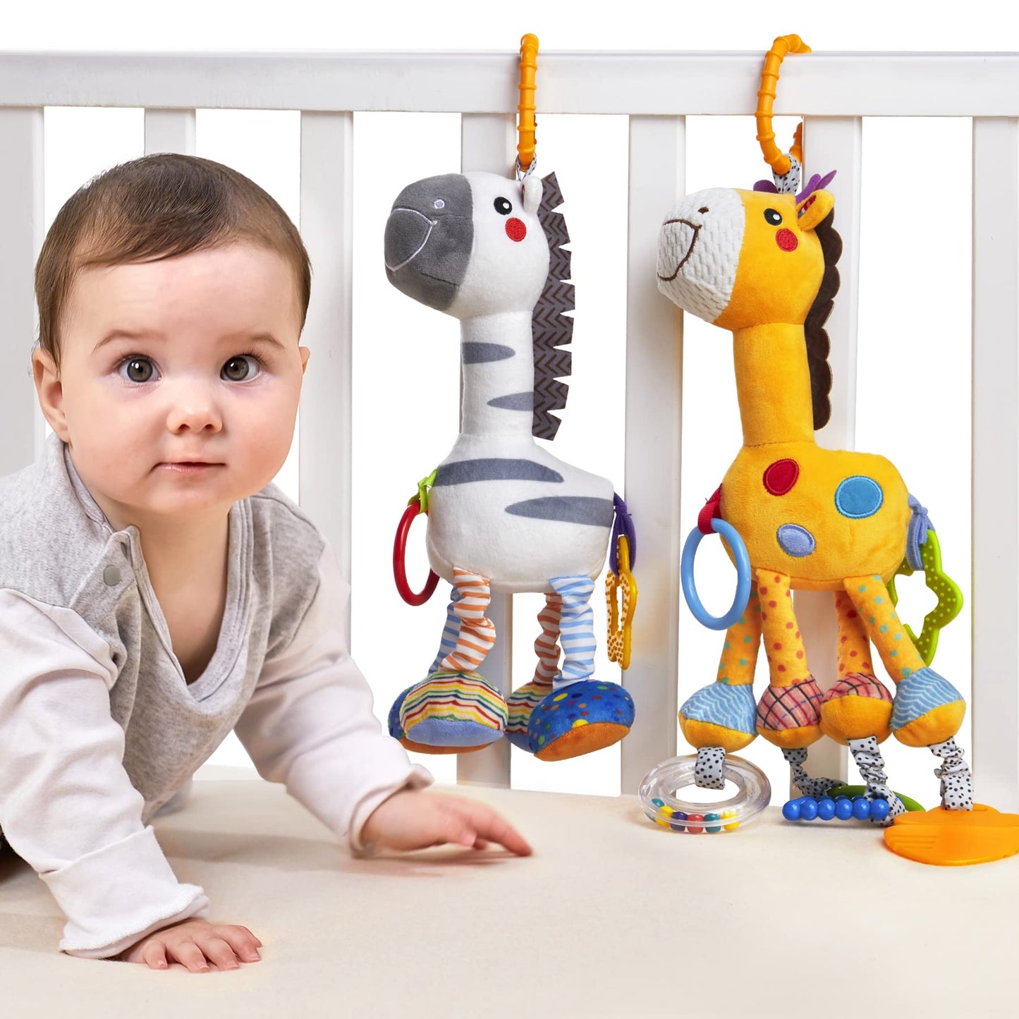 TUMAMA Hanging Toys, 16 inch Plush Animals Baby Rattle, Car Seat Stroller Toys, 2 Pack, Newborn - 12 Months, 2 x Plush Animal Hanging Toys (Giraffe, Zebra), Rings, Built-in Rattles and Crinkles