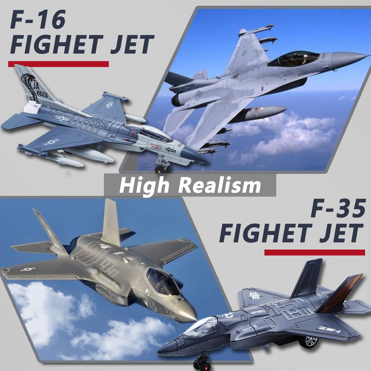 Double Fighter Jet Toy, F35 & F16 Diecast Planes with Lights & Sounds, Pull Back Military Airplane Toy Gift for Toddler,Kids, Boys