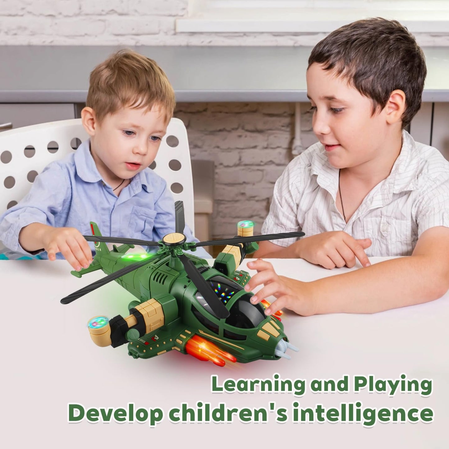 victob Helicopter Toy for Toddlers with Lights and Music, 360° Rotating Airplane Toy for Kids, Bump-and-Go Action, Birthday Gift for Boys Girls Ages 3-7 (Green)