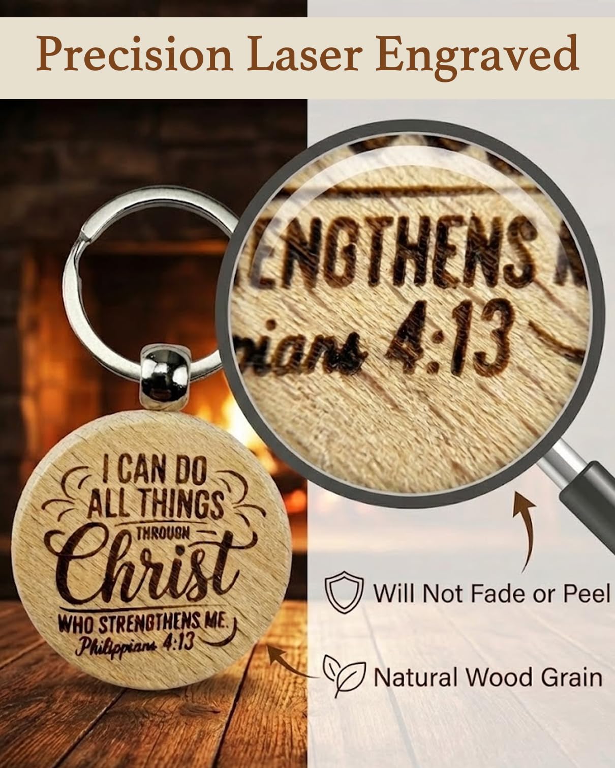 AWEZO 100 Pcs Christian Keychains Bulk, Wooden Bible Verse Key Rings for Church Favors, Baptism, Communion, Religious Gifts