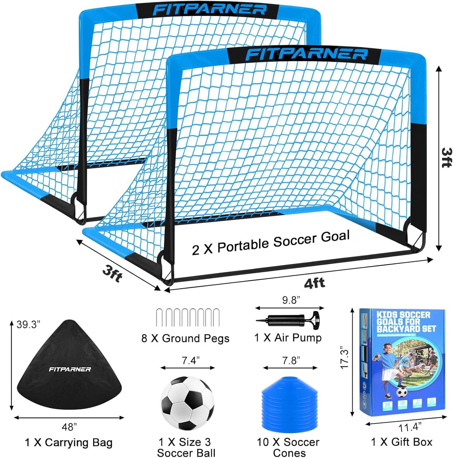 Kids Soccer Goals for Backyard Set - 2 Set of 4X3 ft Soccer Nets for Kids Age 3-14,Portable Pop Up Soccer Training Equipment Kit with Soccer Ball,Cones for Toddler Youth Outdoor