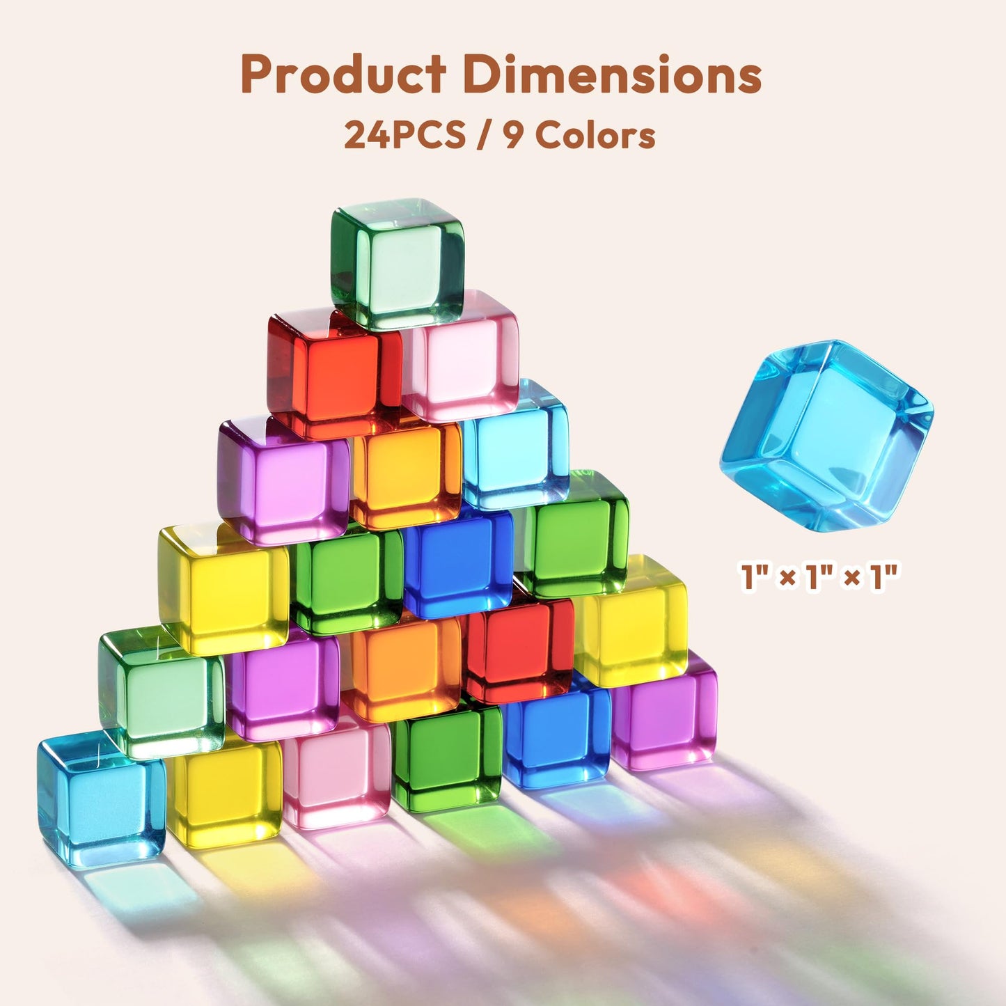 Woodtoe Rainbow Building Blocks for Toddlers, 24 PCS Acrylic Gem Cubes Stacking Blocks, Montessori Stacking Toy for 3 4 5 6 Year Old, Educational STEM Creative Sensory Toy Gifts for Kids Boys Girls