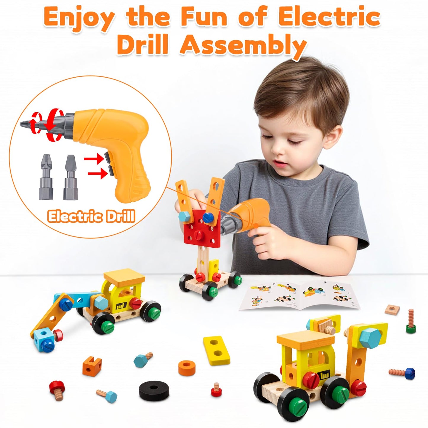 59Pcs Kids Tool Set Toy for Boys - Montessori STEM Wooden Play Tool Box Kit with Electric Drill with 2 Types Bits - Educational Christmas Birthday Gifts for Boys Toddlers Kids Age 3 4 5 6 Years Old