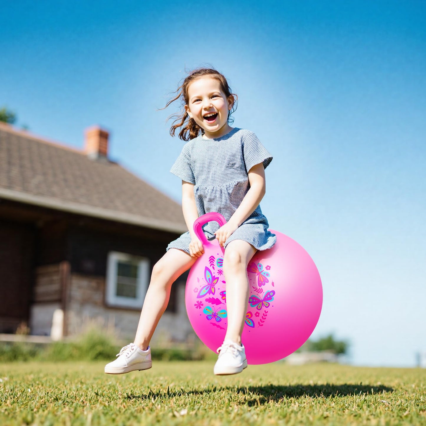 EVERICH TOY Hopper Ball, Pink Butterfly Hopping Toys for Kids, 18 Inch Bouncy Ball with Handle, Indoor Outdoor Inflatable Hoppity Hop Toy for Girls Boys Gift with Free Pump