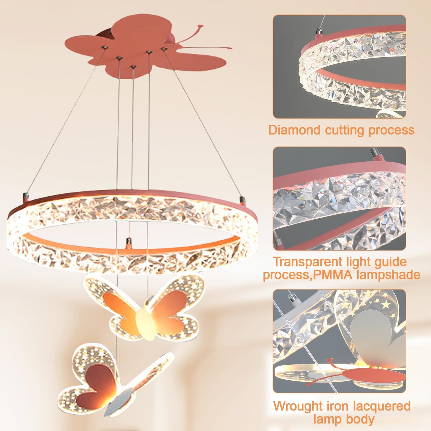 MinMinCheng Butterfly Pendant Light for Girls Bedrooms – 3D Butterfly LED Chandelier with Dimmable 58W Hanging Lamps, Pink Kids Room Lighting Fixture for Playrooms, Nurseries & Princess-Themed Décor