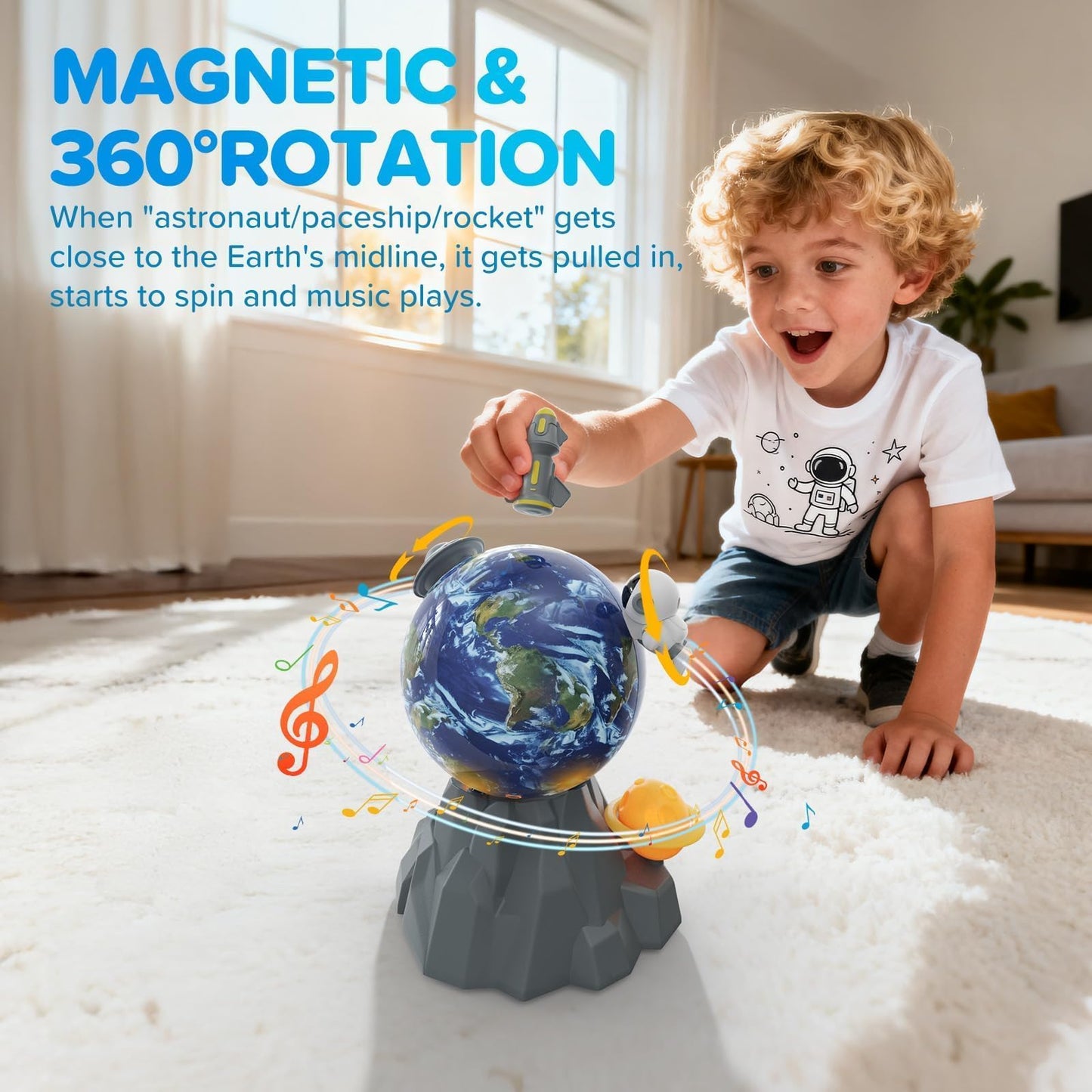 Magnetic Musical Rotating Ball,Space Toys for Kids 3 4 5 6 7 8 9 10 Year Old Boys Girls Sensory Toys for Toddlers Birthday Gifts Educational STEM Toy Playset with Astronauts Rocket Spacecraft Planet