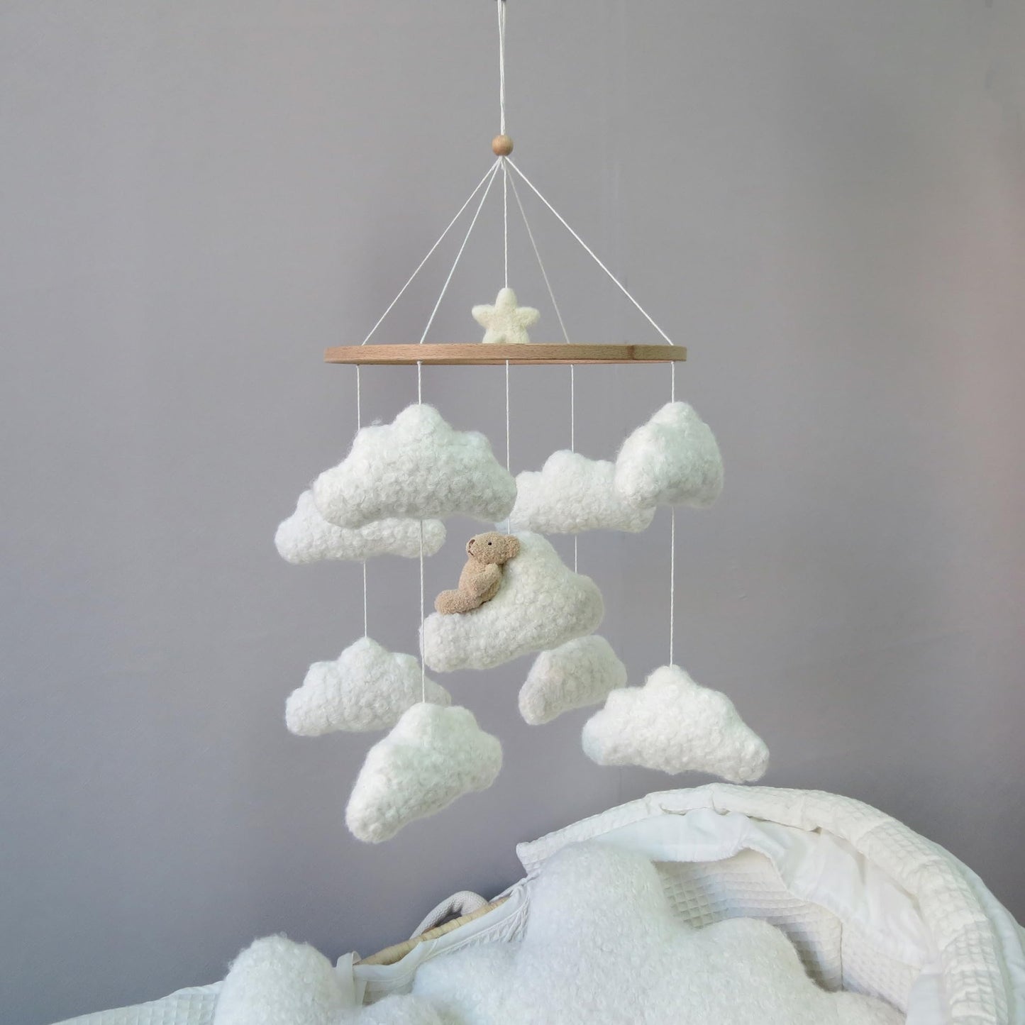 Soft Cloud & Bear Baby Mobile for Crib | Neutral Nursery Mobiles for Baby Crib Mobile for Girls & Boys | Wooden Hanging Crib Toys | Mobile for Bassinet Decor