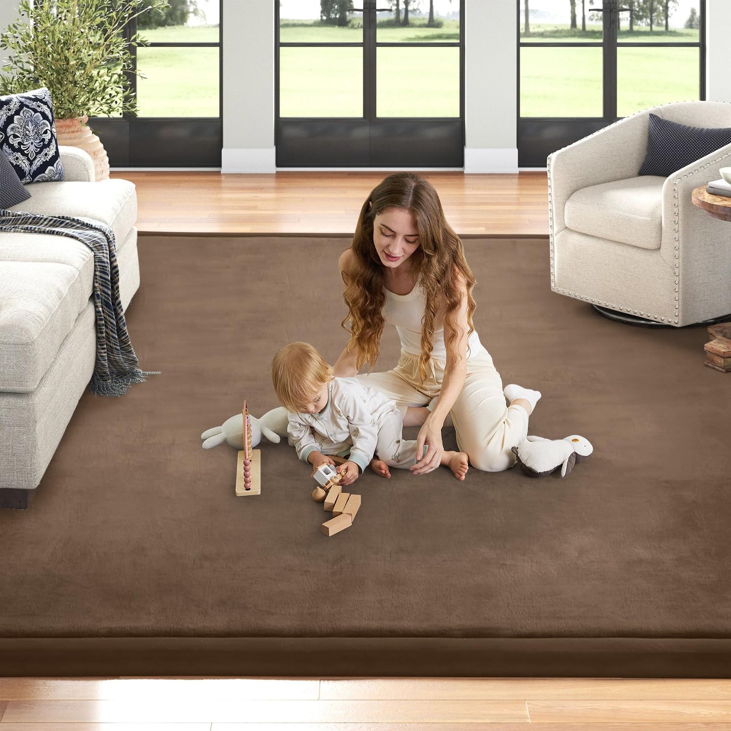 ILPEOD Baby Play Mat for Floor Nursery Rug Muscle Mat Area Rug Playroom Rug 79"x110" Playpen Mat Memory Foam 1.3" Thick Crawling Mat for Babies,Toddlers, Infants, Kids,Chestnut