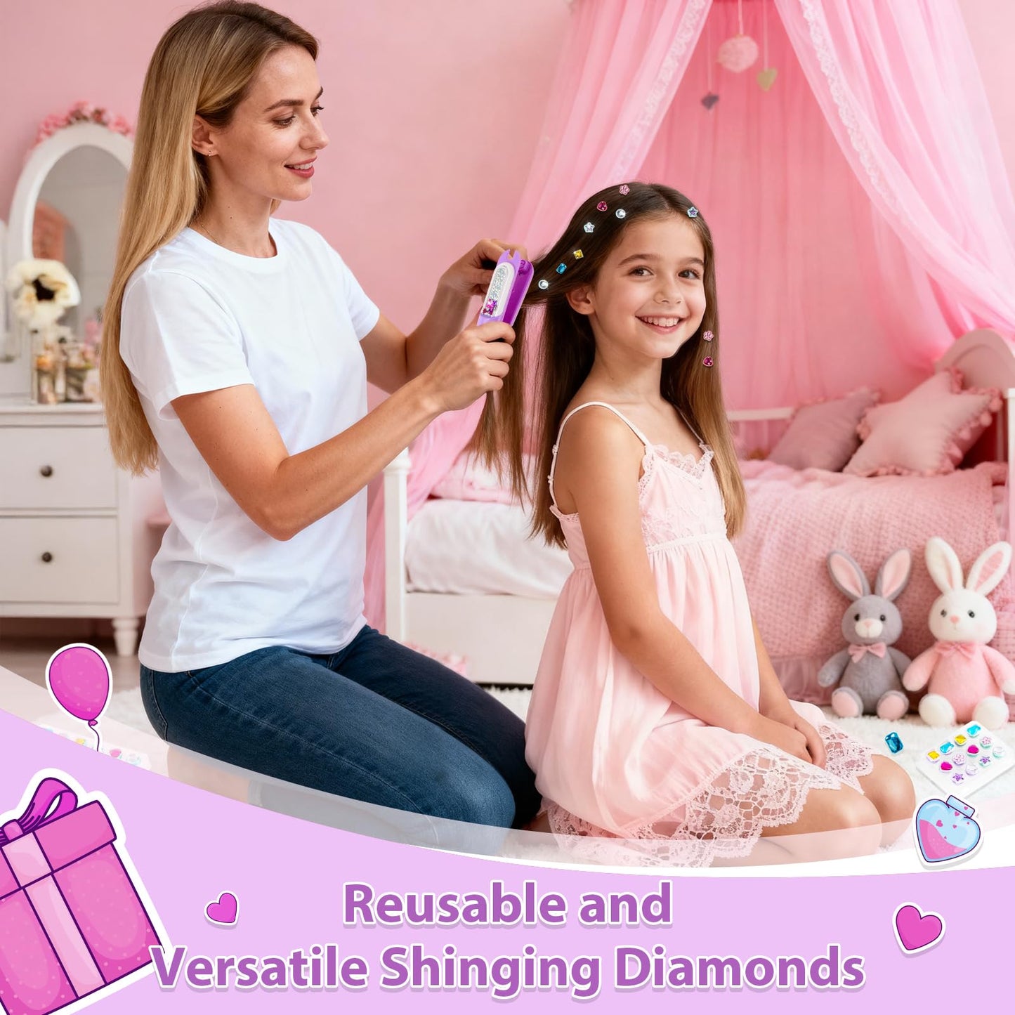 Hair Gem Stamper Kit - Bling Hair Jewels for Girls Toys - Hair Accessories with Reusable Shining Diamonds, Birthday Gifts for Girls 3 4 5 6 8-12