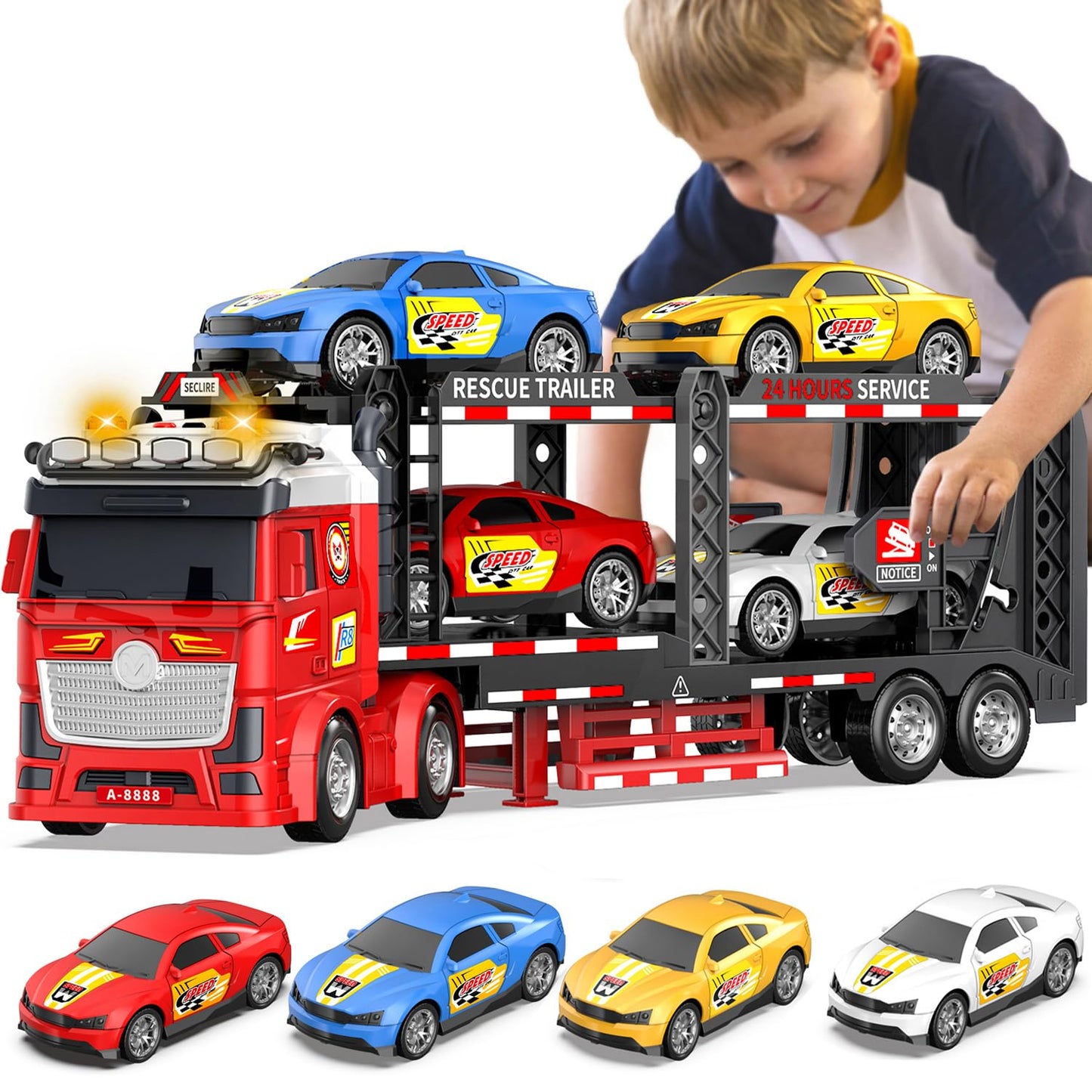 DOWELLIN Carrier Truck Race Car Toys for 3 4 5 6 7 Years Kids, 21.5" Friction Powered Double Layer Semi Transport Truck Toy with 4 Racing Cars, Light&Sound Vehical Toys, Xmas Gift for Boy Girl-Red