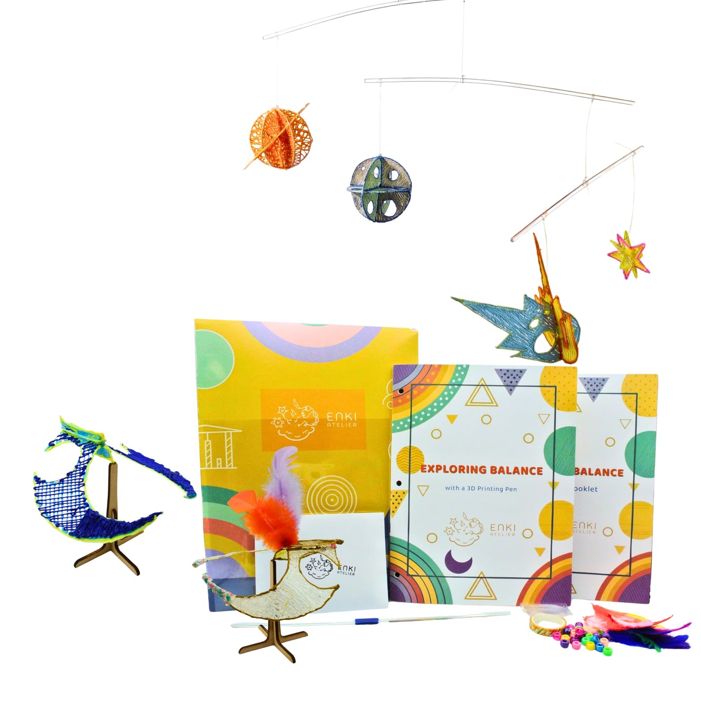 Enki Atelier Balancing Bird & 4-in-1 Space Mobile STEM Projects for 3D Pen Users | Balancing Science Kit | Ph.D. Designed Physics & Gravity Curriculum for Kids 8-12 | 2-Book Set, Printed in USA