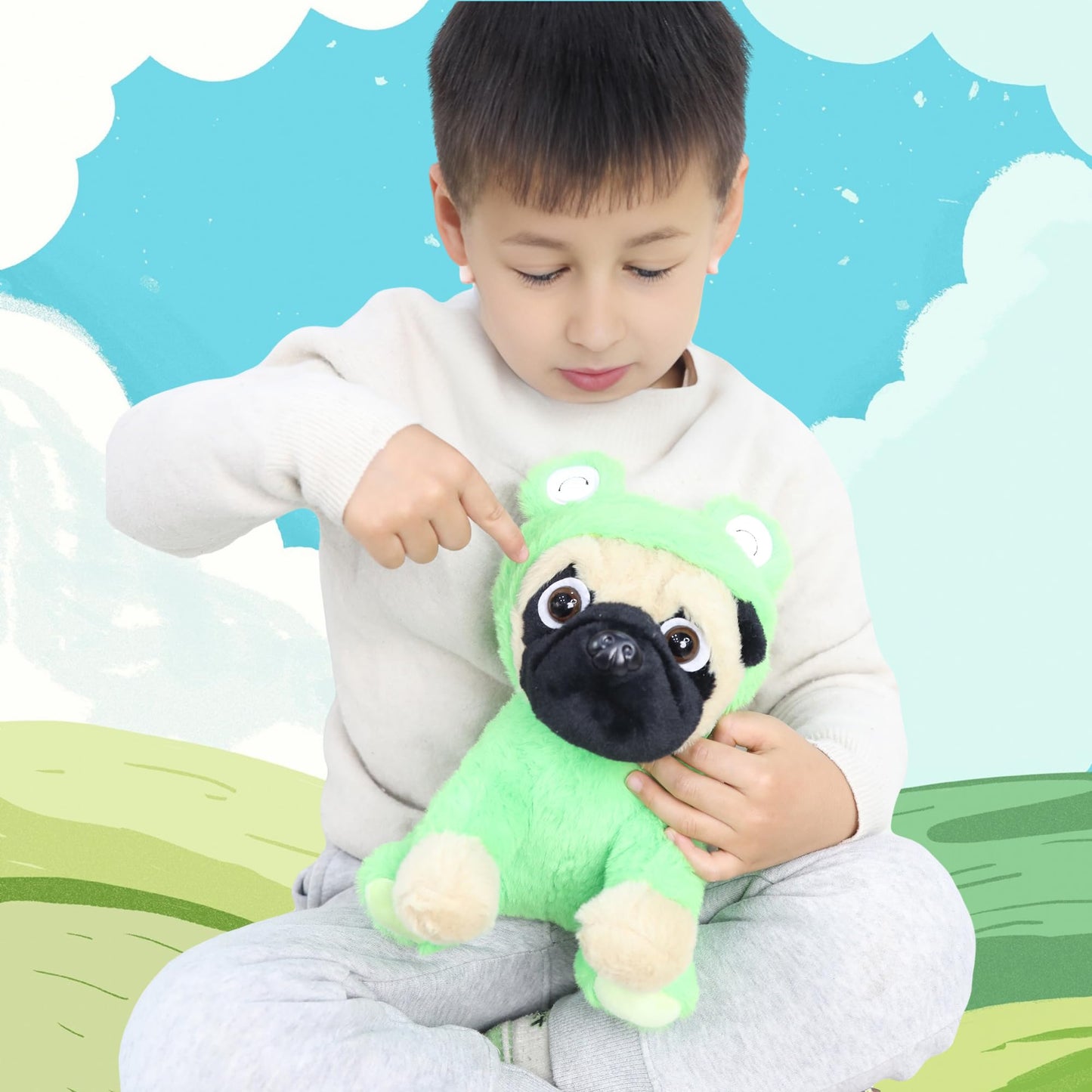 CASAGOOD Pug Frog Stuffed Animal Dog Wearing Frog Costume Plushies Pug Puppy Dressed as Green Froggy Funny Plush Toys Stuffed Puppy Animals for Kids and Lovers 12 Inch