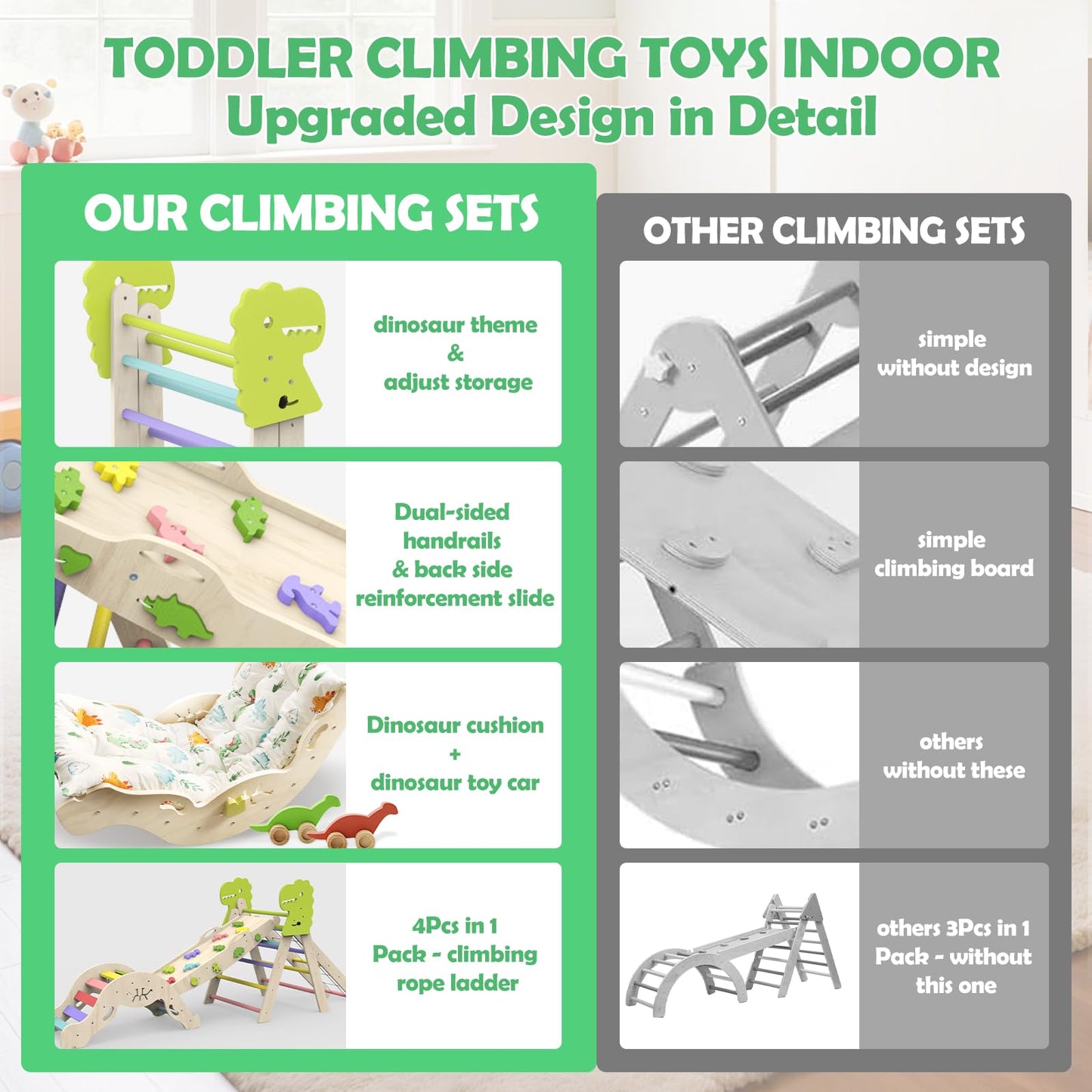 Jasite Pikler Triangle Set with Cushion, 12 in 1 Toddler Montessori Toys Indoor Baby Climbing Gym Pikler Triangle Climbing Set Wooden Toy Climbing Rope Ladder, Shape Sorter, Push Car 【Dinosaur Toys】
