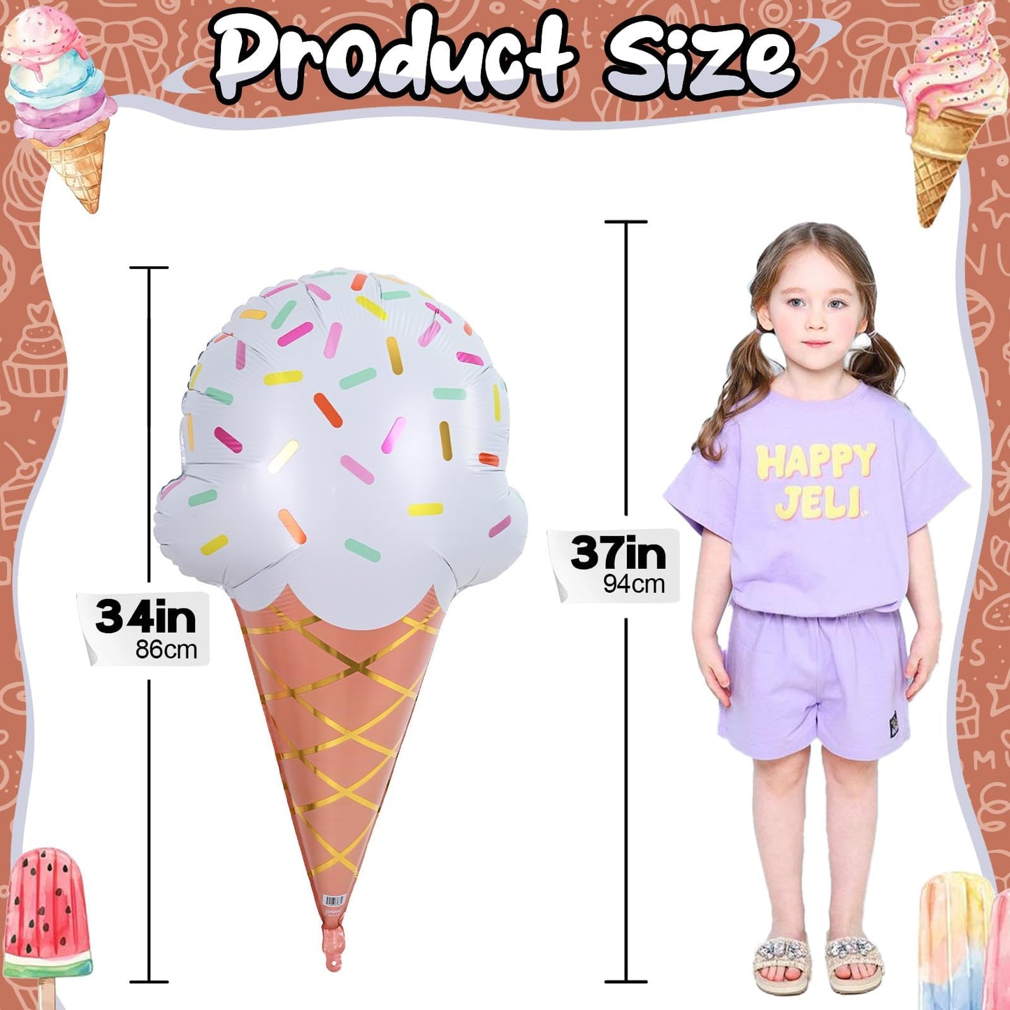 32 Inch Large Ice Cream Balloons Cone Kit, Giant Sweet Ice Cream Sprinkle Foil Balloons, Popsicle Three Scoops of Fun Social Party Decorations for Kid Girls Birthday Summer Beach Hawaii Pool Decor