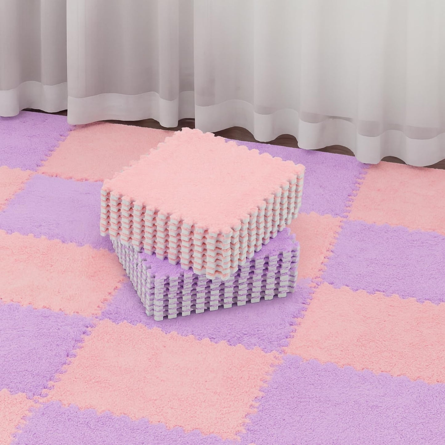 Flutesan 15 Pcs Winter Plush Puzzle Foam Floor Mat Interlocking Carpet Tiles Anti Slip Soft Warm Squares EVA Foam Crawling Rug for Play Floor Playroom Bedroom Nursery(Pink, Purple)