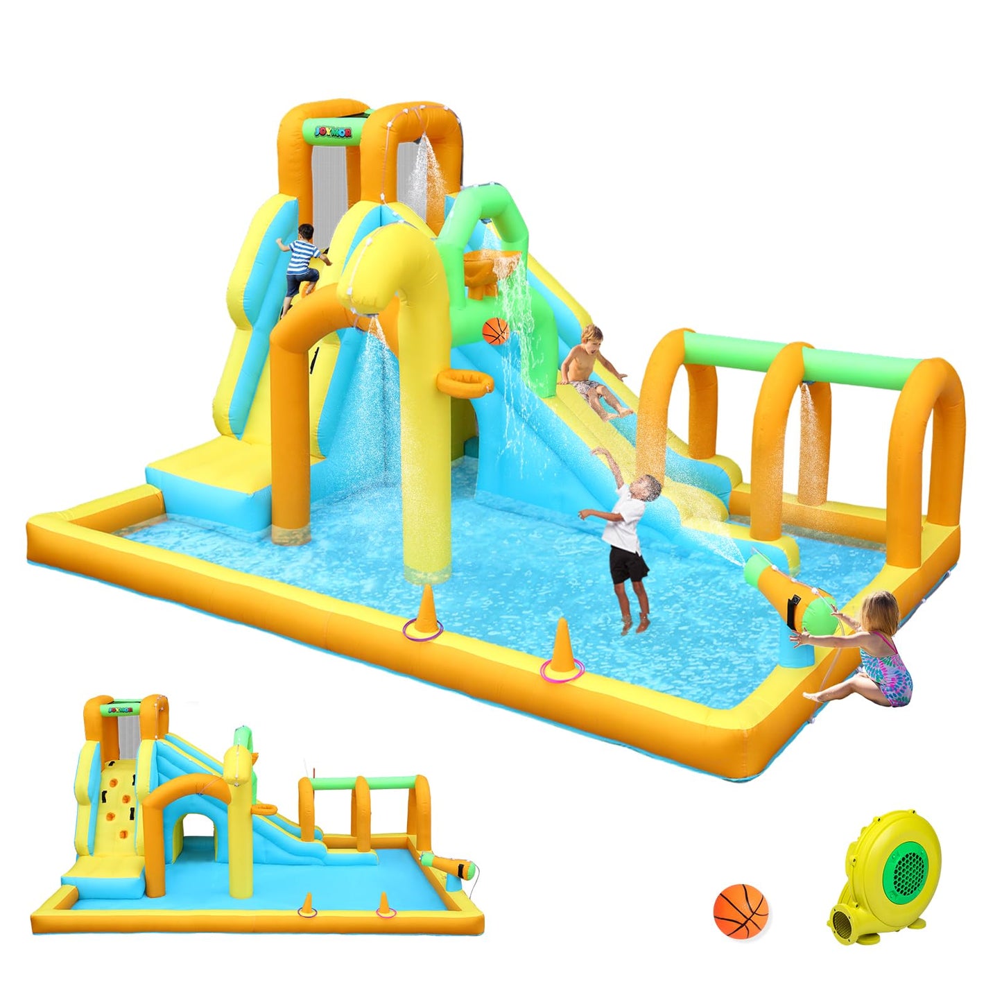 JOYMOR 10-in-1 Inflatable Water Slide Bounce House w/Water Bucket, Tunnel, Water Cannon, Basketball Hoop, 1min Blow Up Water Slide (Include Air Blower), Backyard Water Slide Park for Ages 3-10Y