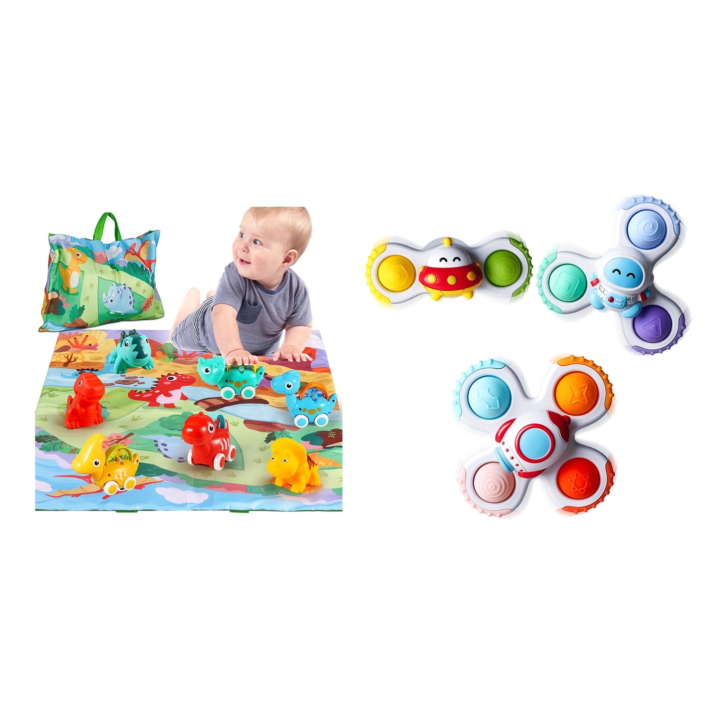 ALASOU 7 PCS Dinosaur Car Toys with Playmat and 3 PCS Suction Cup Rotating Toys for Infant and Toddlers