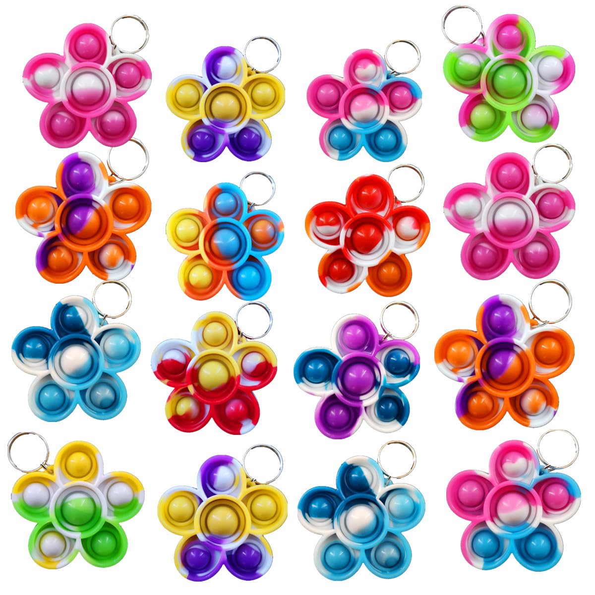 HOZKEAP 30 Packs Bulk Flowers Backpack Keychain Mini pop Fidget for boy and Little Girl,Kids，Students Birthday Party Favors,Students Bubble Prize