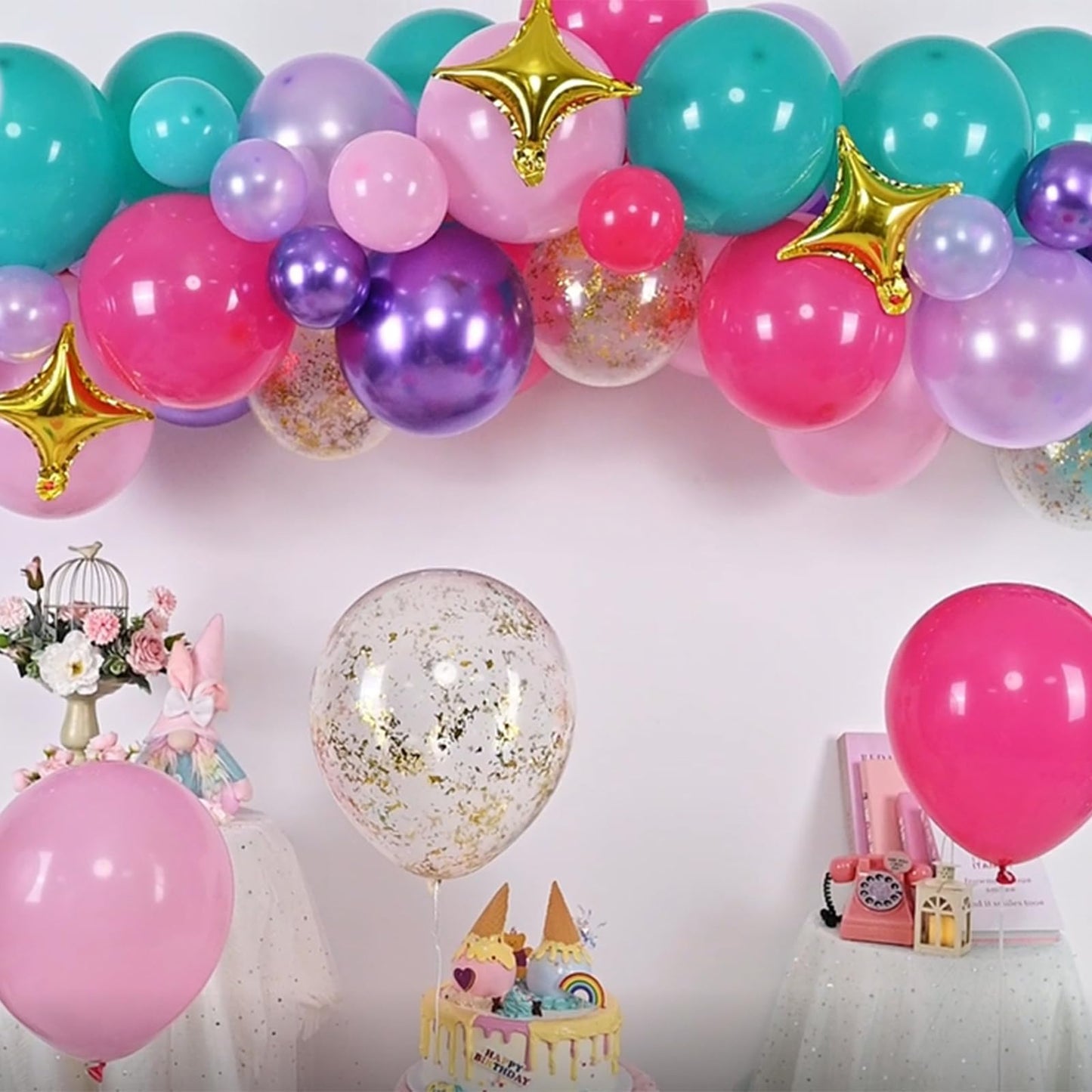 HILAVO Pink Purple Blue Balloon Arch Kit Teal Hot Pink Metallic Purple Party Latex Balloon Garland with Confetti and Star Foil Balloons for Girls Princess Birthday Baby Shower Neon Party Decorations