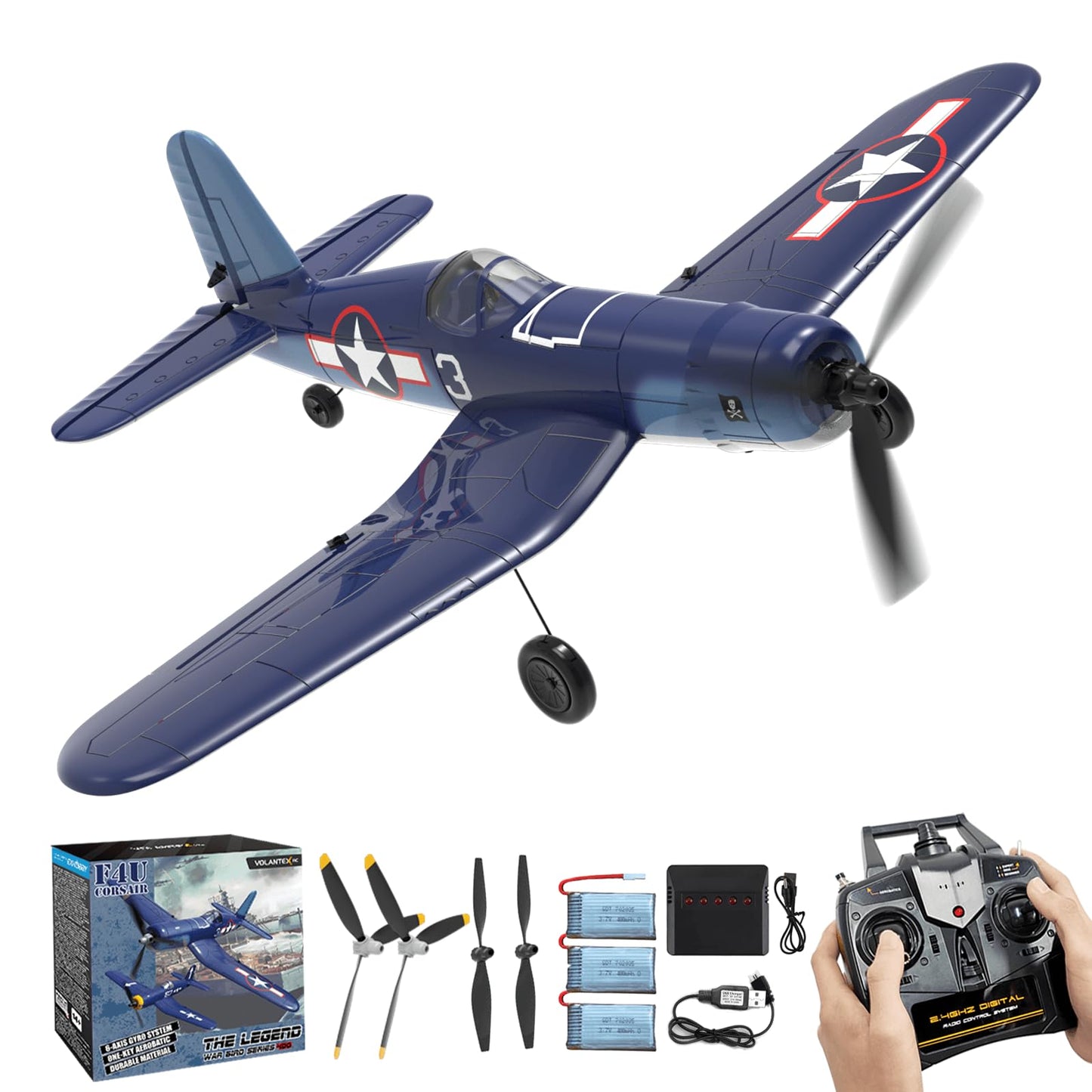 RCkuler RC Planes for Adults, 4 Channel RTF F4U Corsair RC Airplanes Fighters with 6-Axis Gyro, 3 Flight Modes and One-Key Aerobatic Function, Wingspan 400mm, Suitable for Outdoors and Gifts