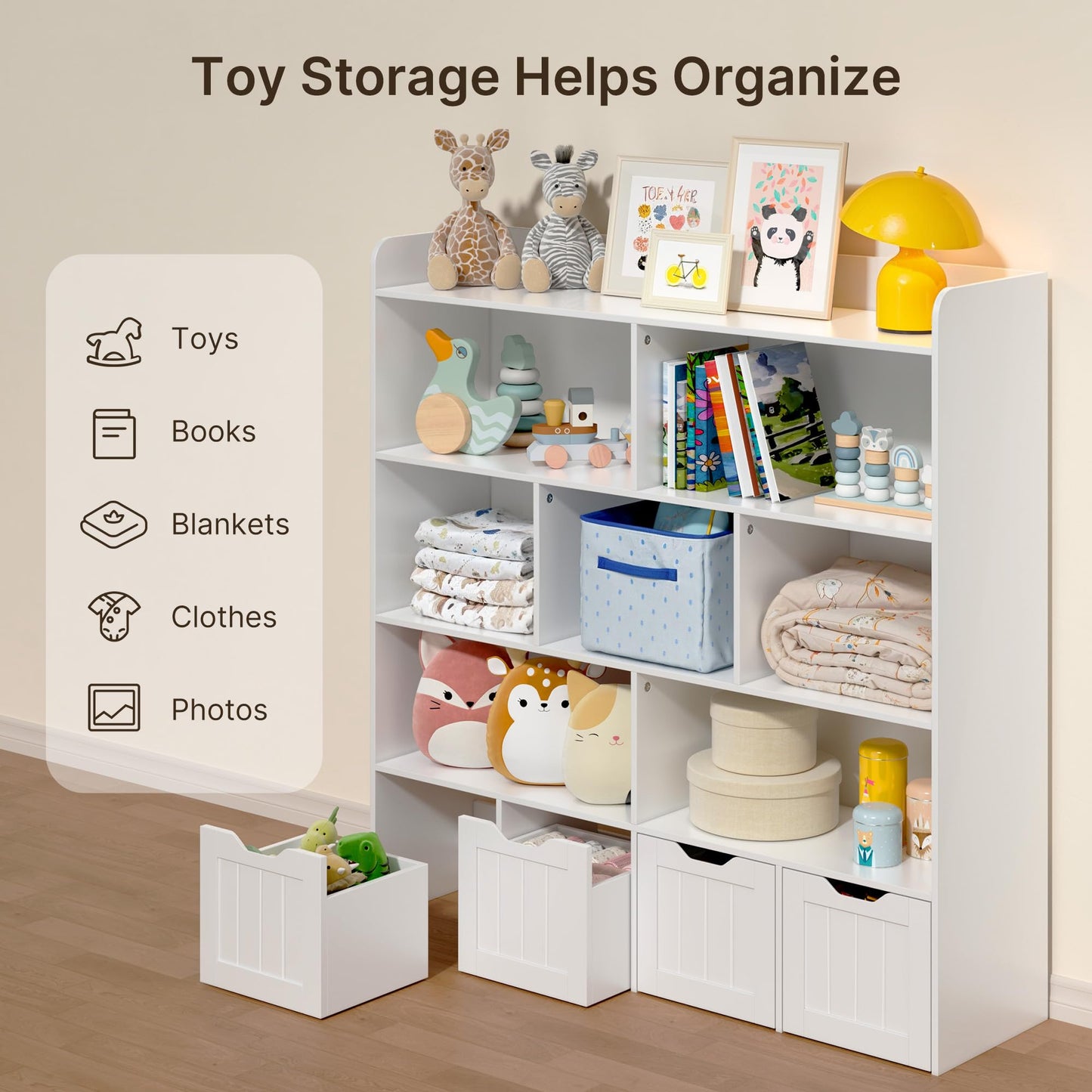 Gizoon Toy Storage Cabinet and Kids Bookcase with 4 Movable Drawers and 8 Open Shelves Toy Chest Shelf Organizer with Hidden Wheels for Playroom Nursery Kids Room, White