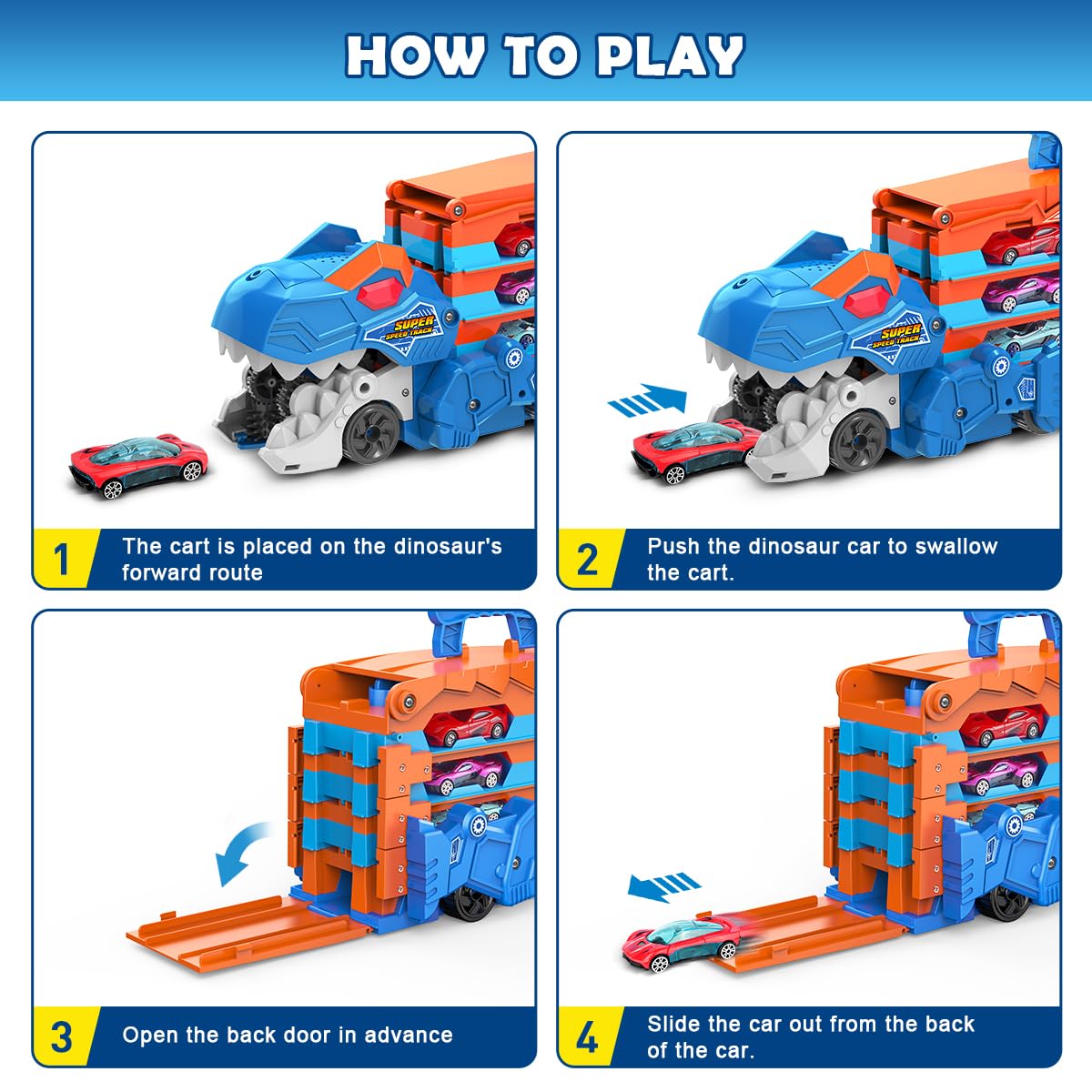 VATOS Toddler Truck Toy - Ejection Folding Dinosaur Track, Portable Truck Car with 8 Race Cars, Best Gift Toy Cars Set for Toddlers 3 4 5 6 7 Years Old