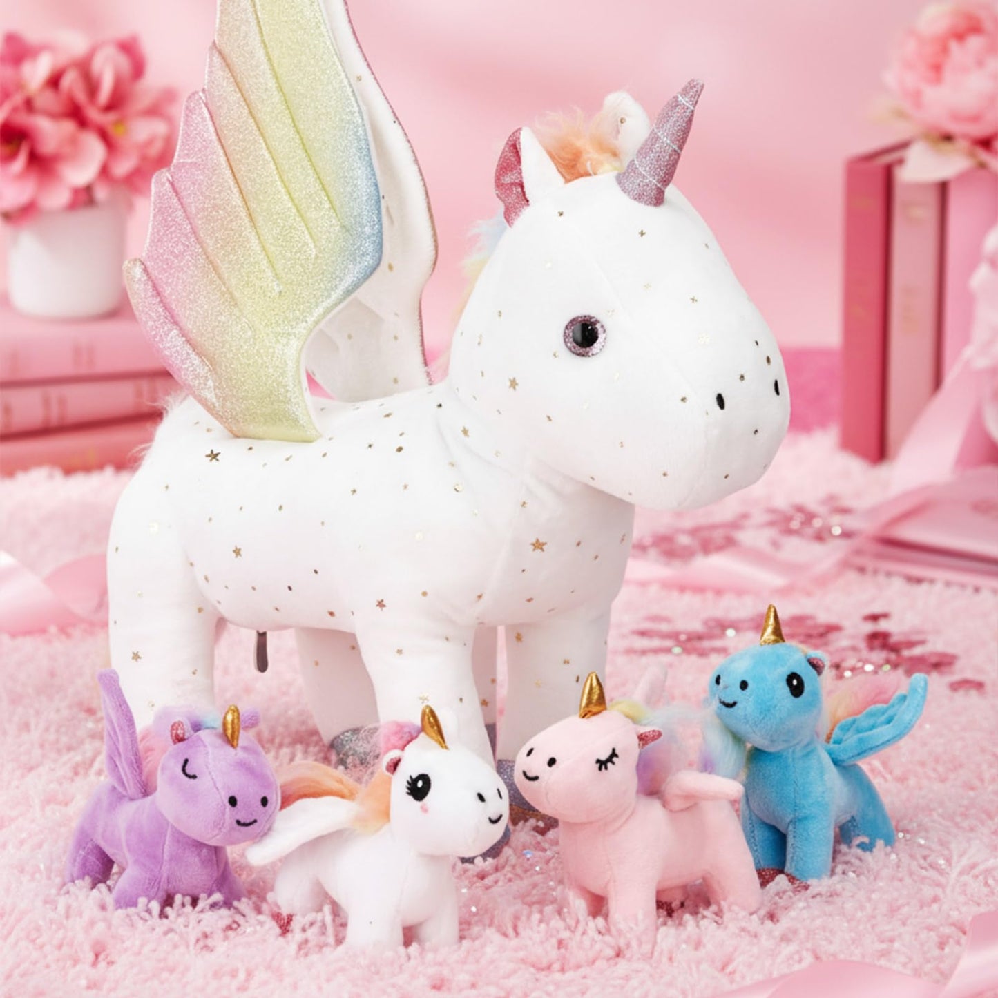 Hollowfly 5 Pcs Fly Unicorns Plush Toy Gift Set 15.7" Mom Unicorns with 4 Cute Babies Stuffed Animal in Zippered Back Nurturing Plushies Toy Set for Kid Adults Birthday Party Favors Gifts