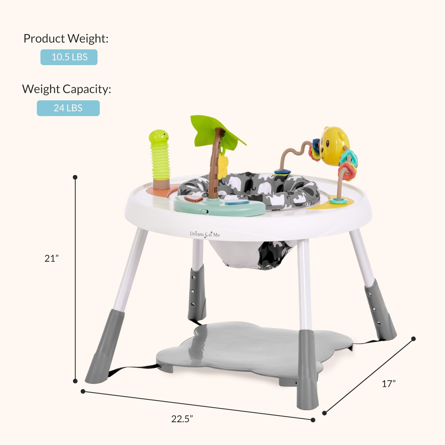 Dream On Me Curio Sit N Seek Baby Activity Center in Grey, 2 in 1 Activity Center and Play Table with 3 Detachable Toys and Music, 3 Level Height Adjustable Positions Activity Center for Baby