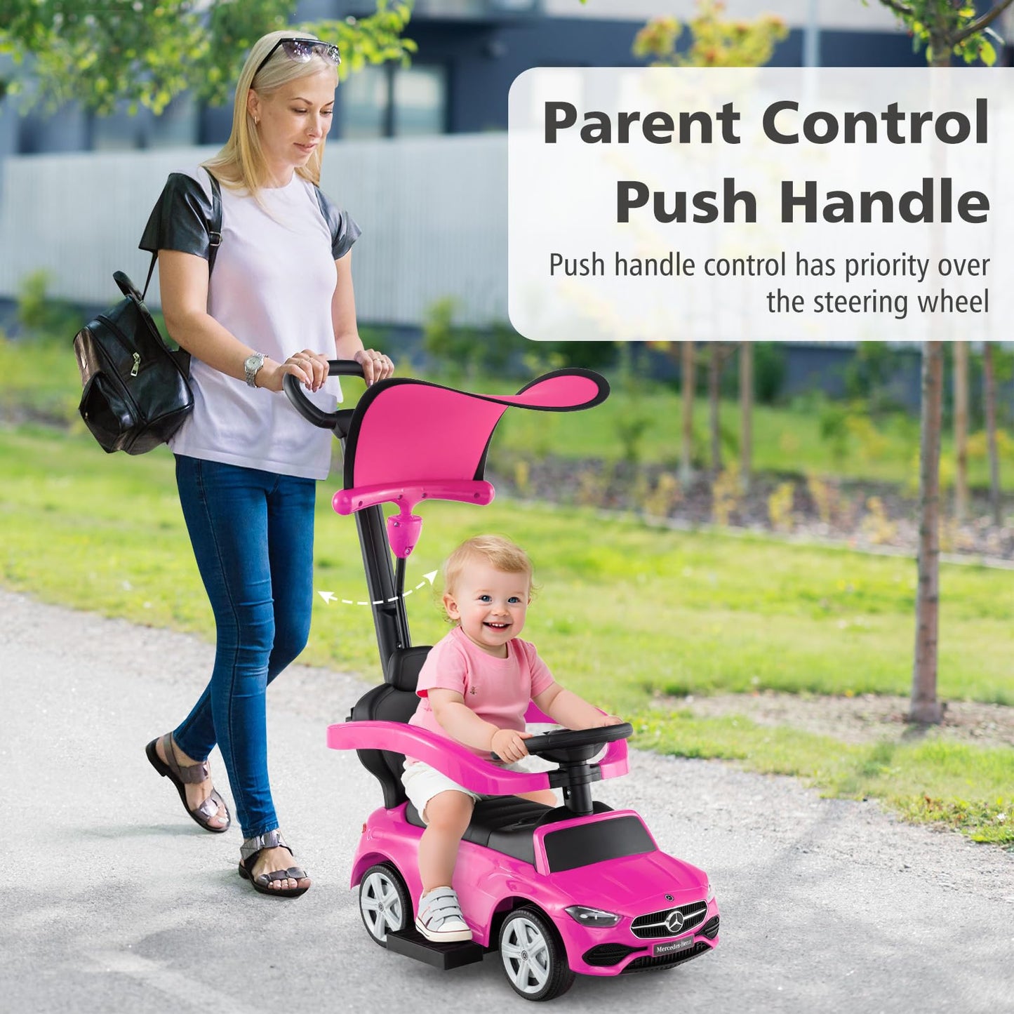 Licensed Mercedes Benz Push Car for Toddlers by INFANS, 3 in 1 Sliding Walking Car with Push Handle, Horn, Music, Underneath Storage, Foot-to-Floor Ride on Toys for Boys Girls, Pink