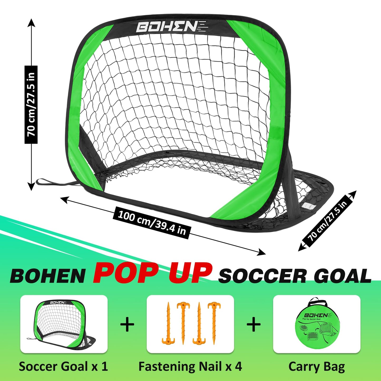 BOHEN Pop Up Soccer Goals for Kids-Foldable Portable Soccer Net for Outdoor Indoor Backyard Beach(3.3x2.2FT,Green)