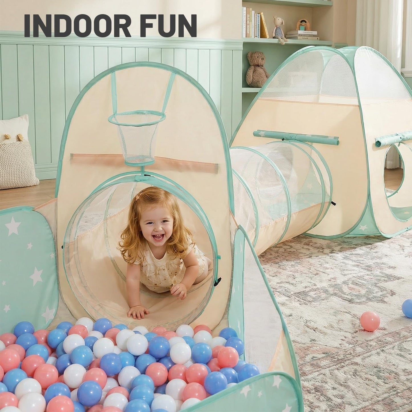 PigPigPen Play Tent for Kids: 3-in-1 Ball Pit with Crawl Tunnel and Princess Tent, Portable Playhouse for Toddlers Boys Girls, Indoor Outdoor Toys Gift Set
