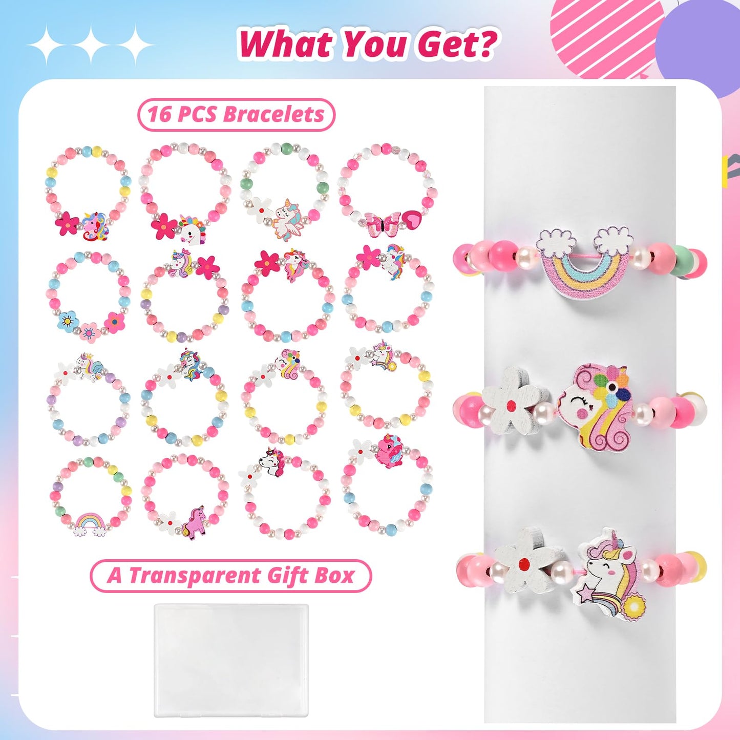 Faburo 16pcs Kids Jewelry for Girls -16 Unicorn Bracelets, Little Girls Jewelry Kids Bracelets for girls, Butterfly & Rainbow & Flower Toddler Jewelry Birthday Christmas Gift Age 3 4 6 8