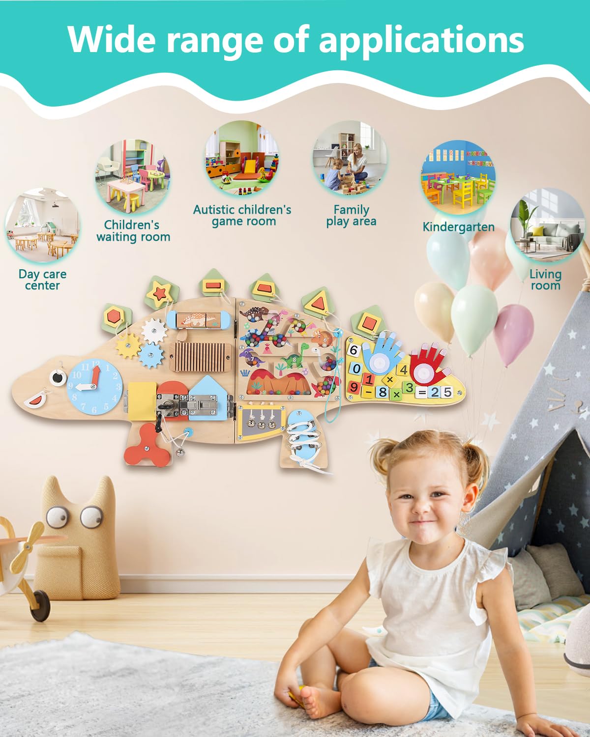 Dinosaur Activity Wall Busy Board - 11-in-1 Foldable Wooden Montessori Sensory Panel for Kids 3-7, Wall Mounted Toddler Learning Activity Center for Playroom Classroom Daycare, Autism Sensory Toy