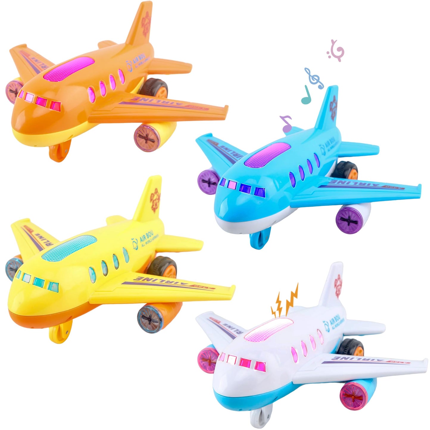 Drayear 4 Pack Light Up Airplane Toys Friction Powered Push Airplane Toy with Lights and Sounds for Kids Birthday Christmas Children's Day Gift Early Educational Toys