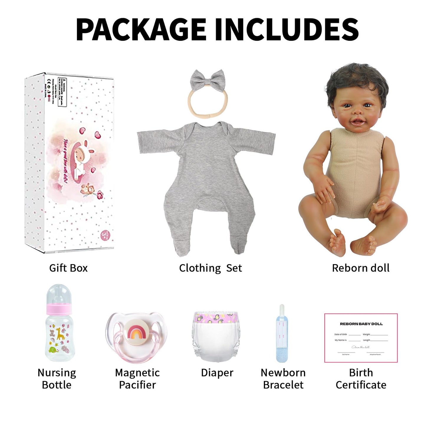 SCOM Realistic Reborn Baby Dolls - 18 Inch Black Real Life Baby Girl, African American Doll with Soft Vinyl Body, Lifelike Newborn Hispanic Brown Toddler with Accessories for Kids Age 3+ Gift