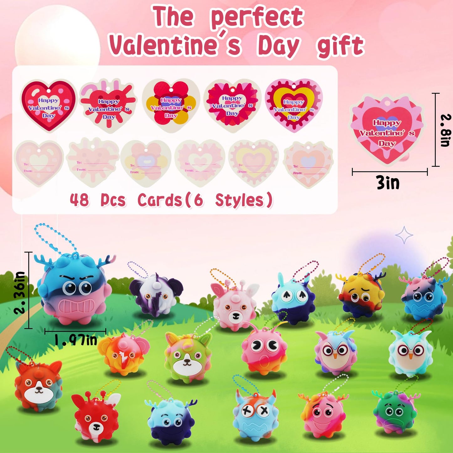 48Pack Valentine Day Gifts for Kids,Valentines Cards with Pop Fidget Toys Bulk 3D Stress Ball, Easter Basket Stuffers,Valentines Classroom Party Favors Exchange Gifts,Treat Prizes Activity for Class