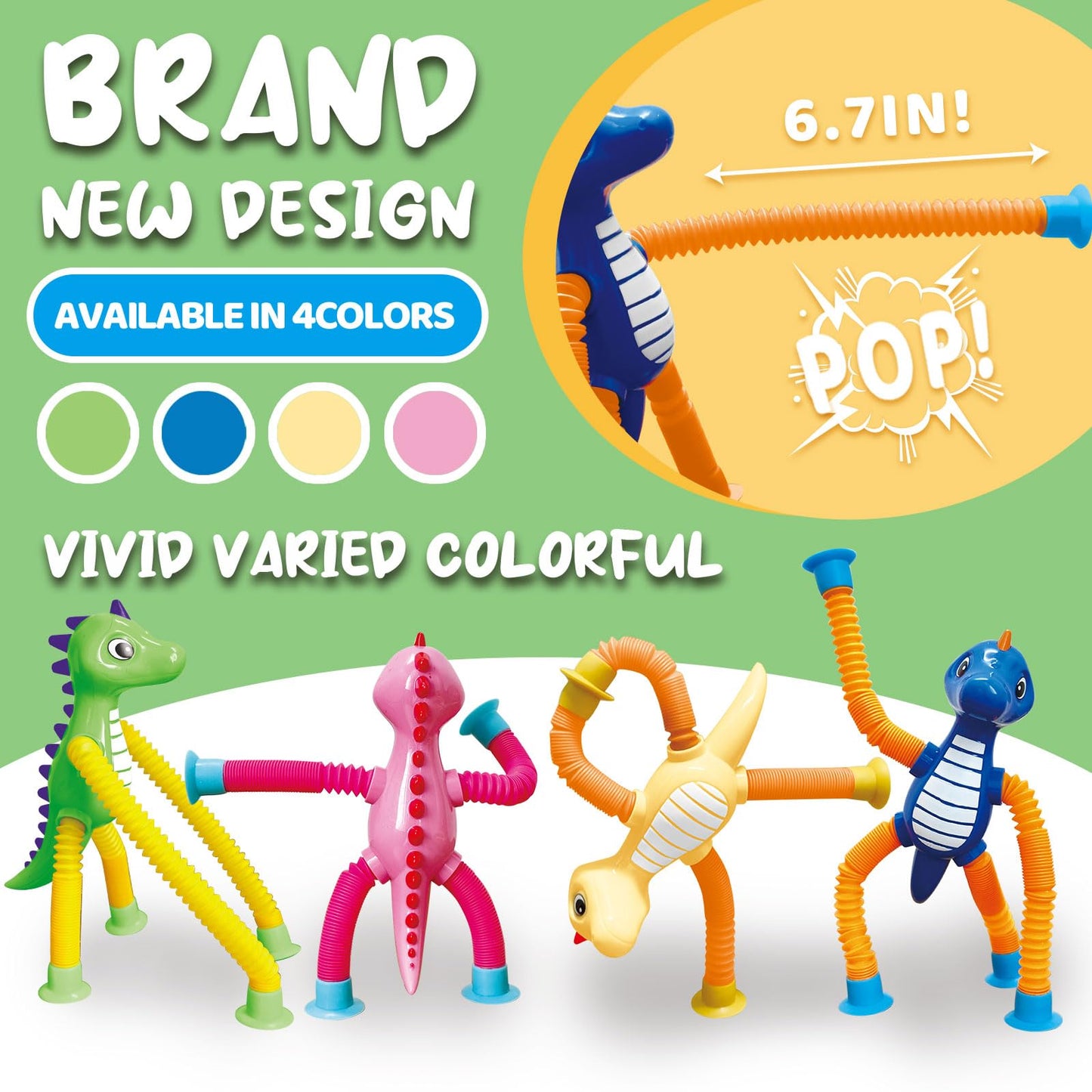 Dinosaur Travel Toys Gift LED Light Up for Toddlers Kids Boys Girls, Dino Pop Tubes Fidget Sensory Suction Cup Toys, Airplane Car Road Activities & Christmas Stocking Stuffers Party Favors Aged 3+