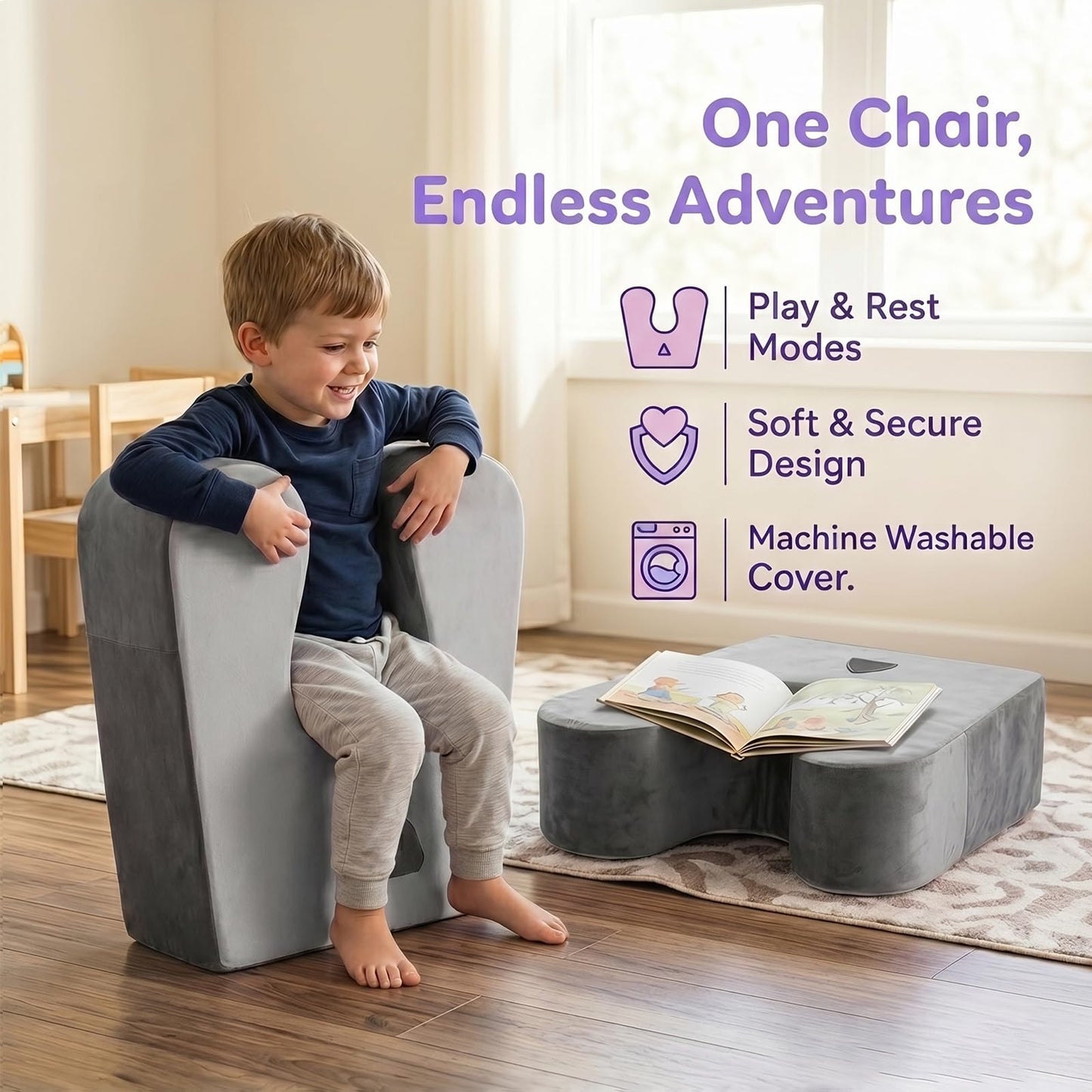 GAB Kids Sensory Rocking Chair, Soft Squeeze Calming Seat for Autism & ADHD, Plush Washable Cover, Cozy Compression Chair for Reading Corner, Playroom, Therapy Room (Gray)