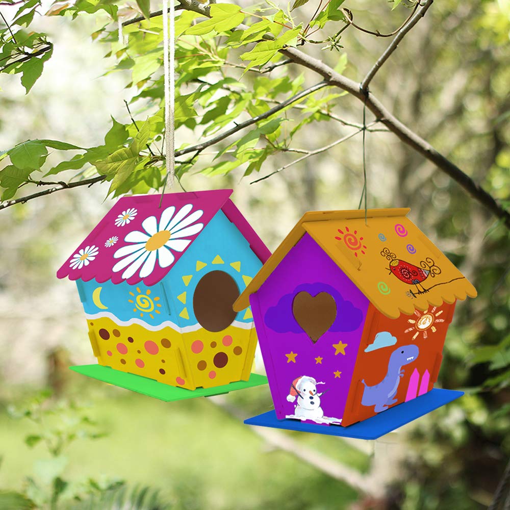 hapray 2 Pack Bird House Kit, DIY Birdhouse Kits, Wooden Crafts Arts for Children to Build and Paint (Includes Paints & Brushes) for Kids Girls Boys Toddlers Halloween Gifts