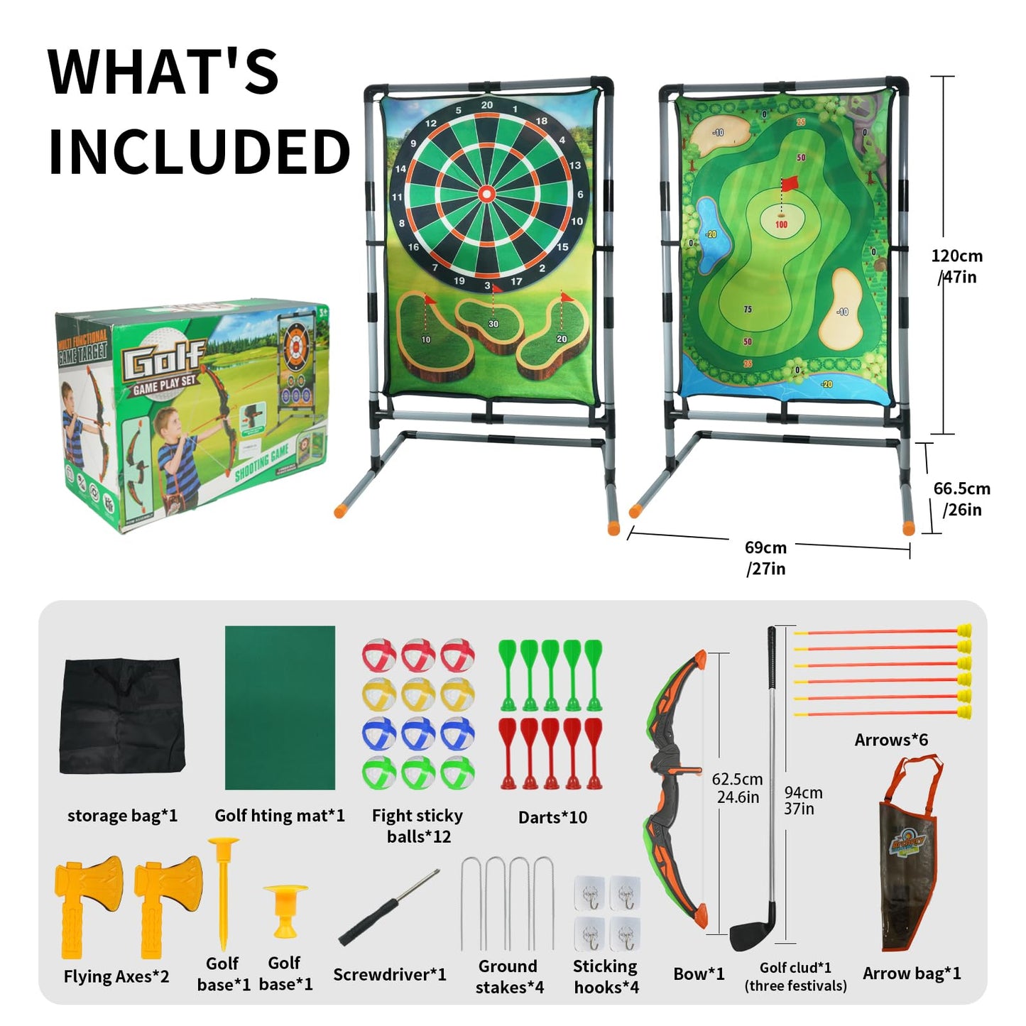 grnpeak Golf Chipping Game with Stand, Multi-Sport Golf Practice Set with Archery,Hatchet,Darts,Double-Sided Hitting Mat for Backyard Fun, Indoor/Outdoor Sports Toy for Kids & Adults