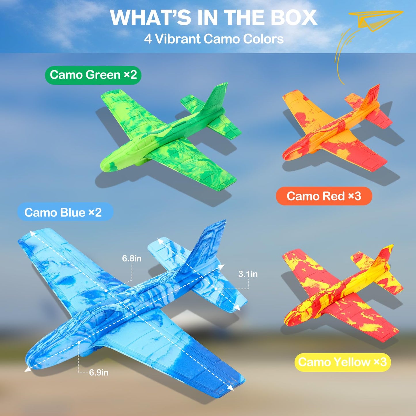 Teyva Daily 10 Pack Airplane Toys, Throwing Foam Planes for Kids Foam Airplanes Gliders Birthday Party Favor Gifts Stocking Filler Stuffer for Kids Boys Girls 8 9 10 11 12 Year Old (Camouflage Colors)