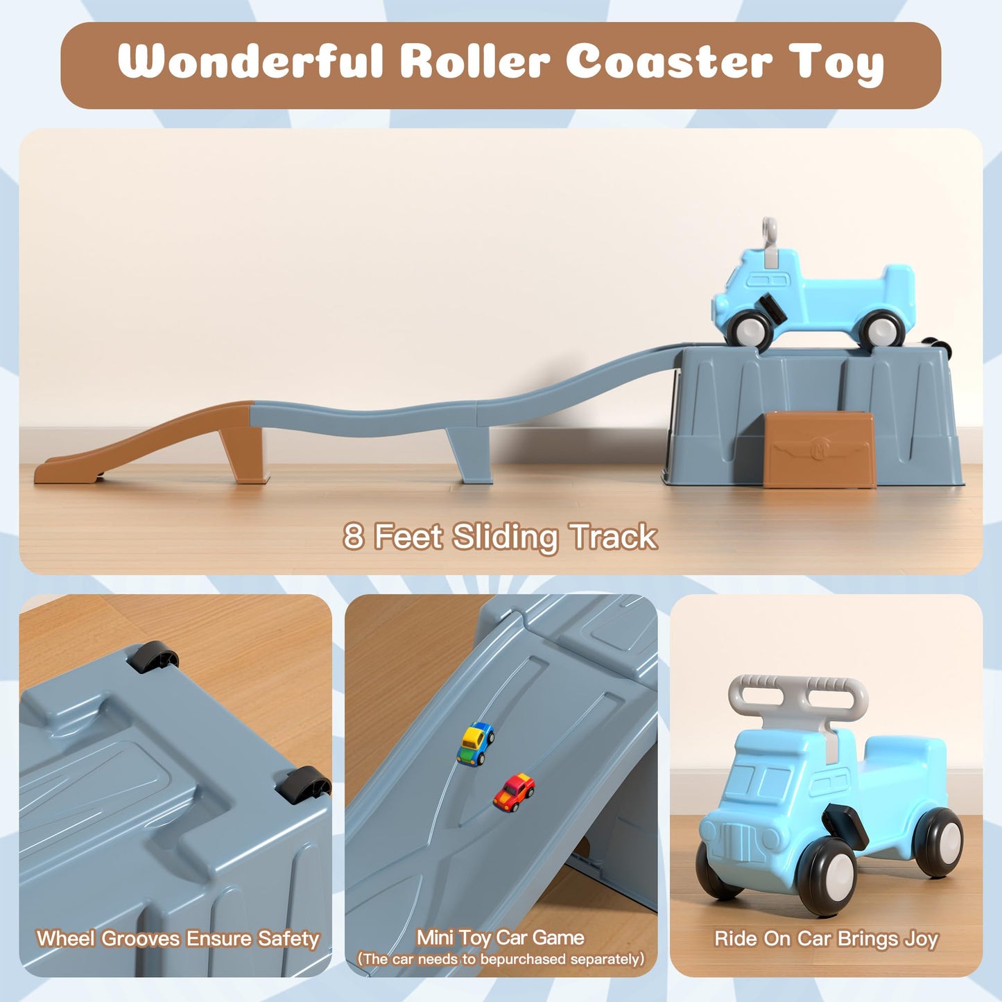 HAPPYMATY Up & Down Roller Coaster，Kids Ride On Toy，Toddler Push Car with Assembled Race Track & Storage Base Box, Indoor Outdoor Playset