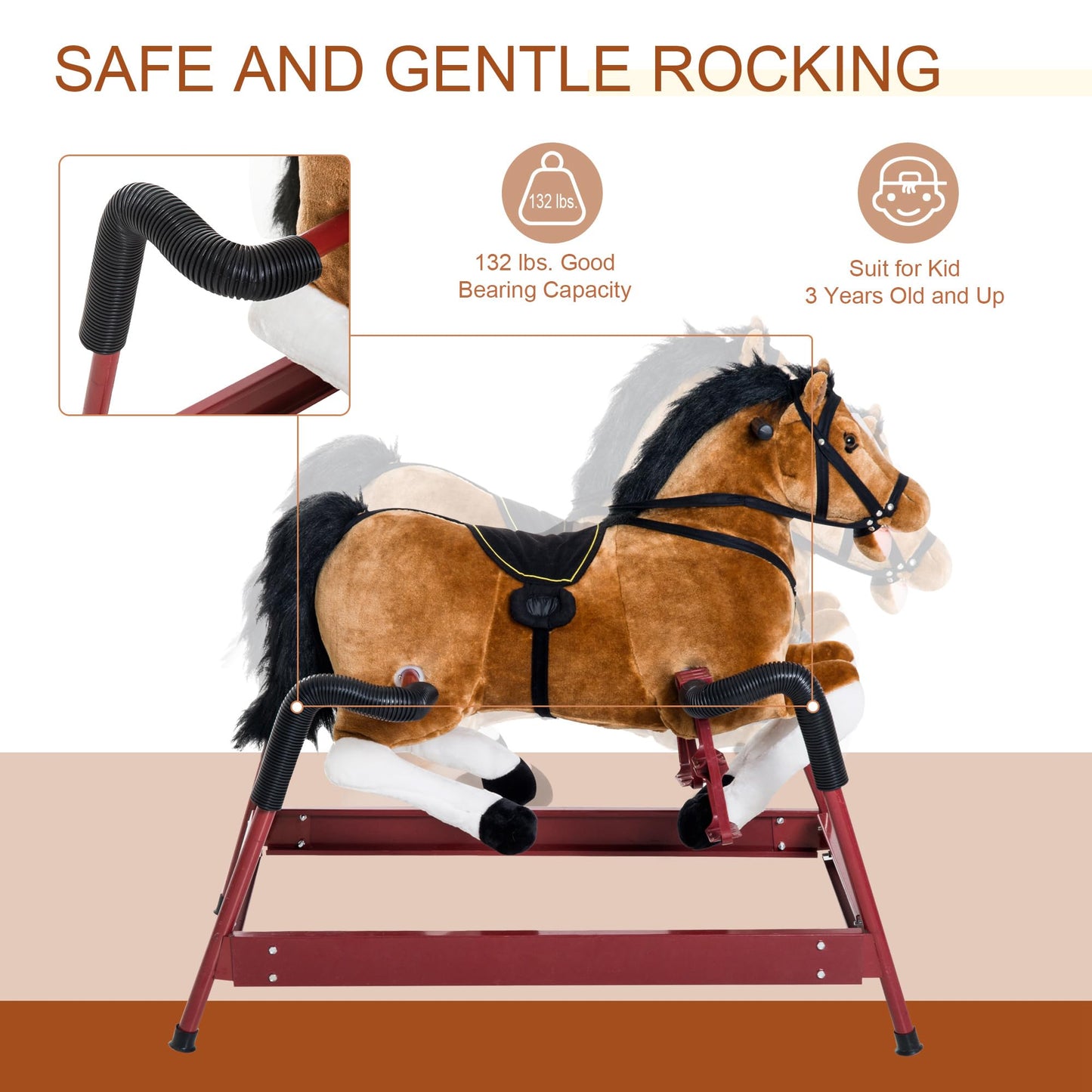 Qaba Durable Plush Toddlers Spring Rocking Horse, Bouncing Rocker Toy with Realistic Sounds