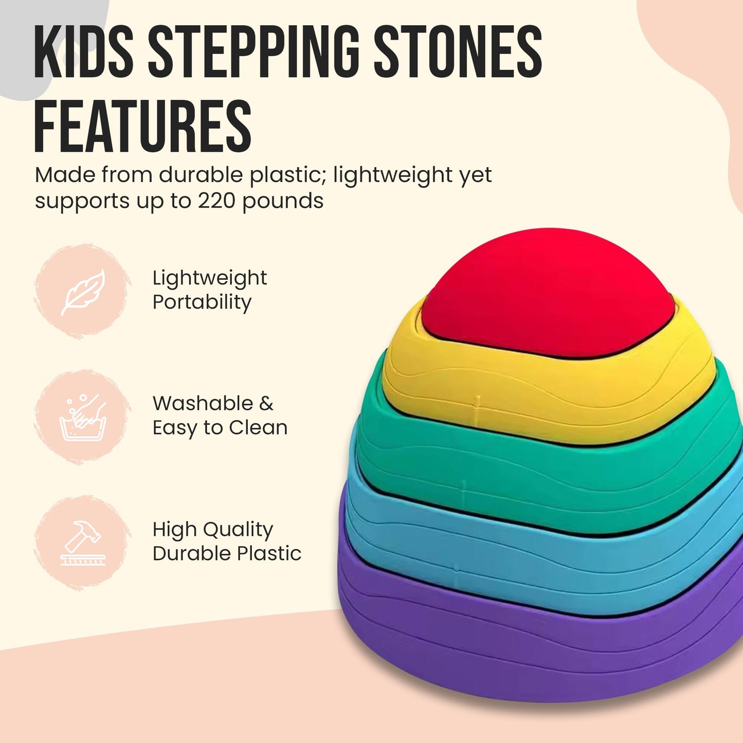 Stepping Stones for Kids, 5pcs Non-Slip Toddler Stepping Stones Age 3-6, Stackable Balance Stones with Stickers, Indoor & Outdoor Obstacle Course Sensory Toy, Promotes Balance & Coordination Skills