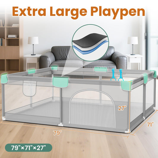 79” x 71” Playpen for Babies and Toddlers - Safe Baby Fence with 50 PCS Ocean Balls and 2 Pull Handles for Indoor - Large Baby Playpen for Activity Center - Play Yard with Non-Slip Suction Cups