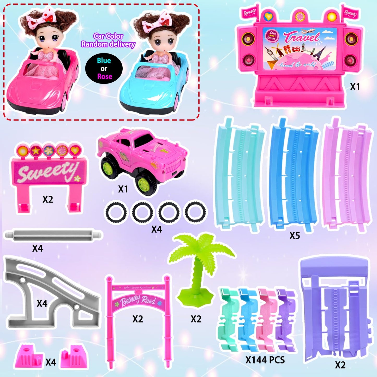 SCKTYZS Tracks Car Toys for 3 4 5 6 Year Old Girls Kids,177 PCS 360°Rotating Track Flexible Car for Girls 3-5 Toddler Flex Track Race Cars Toys Birthday Gifts
