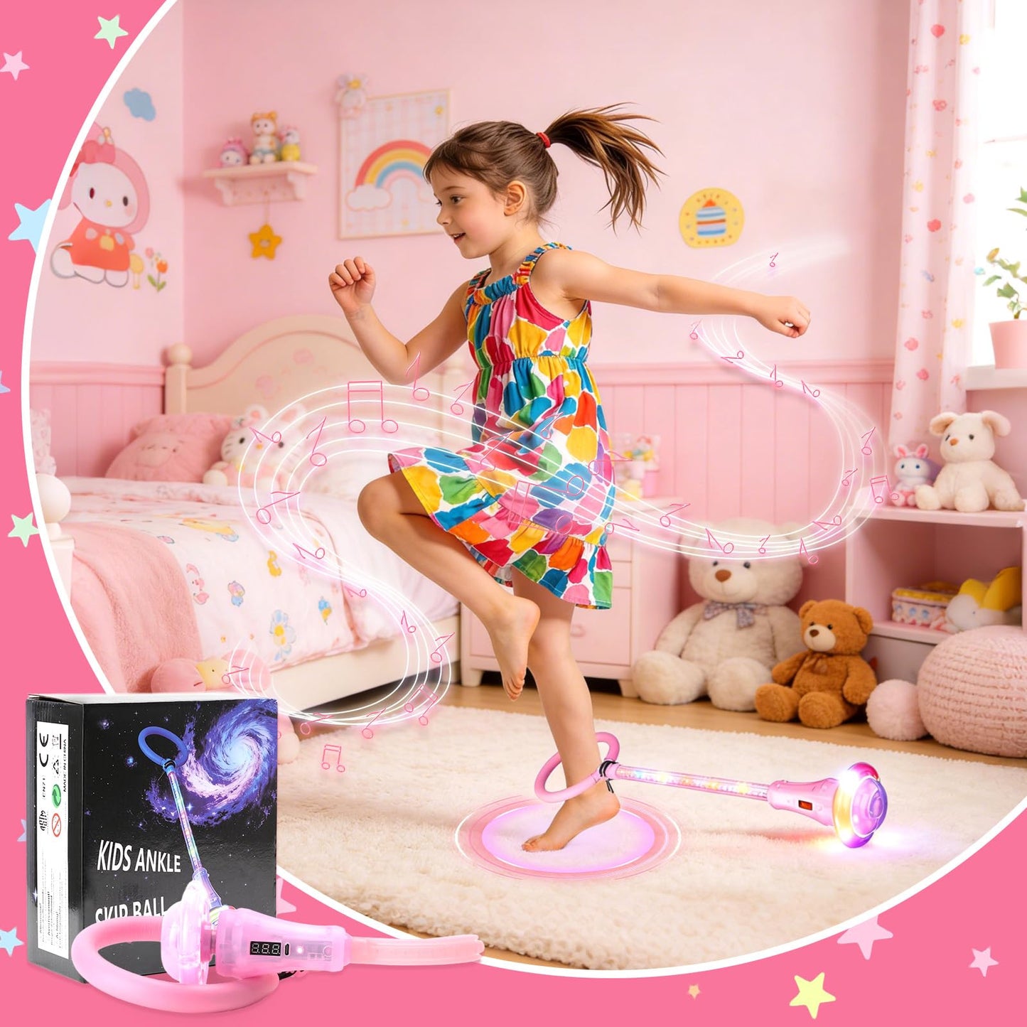 Rechargeable Ankle Skip Ball for Girls, LED Light Up Skip Ball with Counter Timer, Foldable Jumping Toy with Flashing Wheel, Outdoor Birthday Gifts for Kids Age 6-10 (Pink, Illumination + Counter)