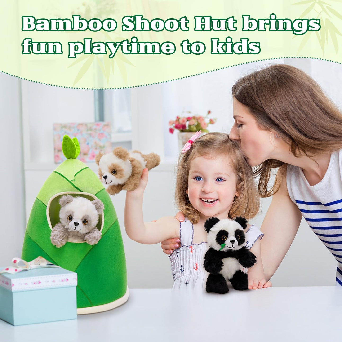 Tezituor 5-in-1 Panda Stuffed Animal Set with Bamboo Hut, Realistic Big Panda Plush Toy with 3 Babies, Birthday Gift Nursery Decor for Kids, Girls, Boys
