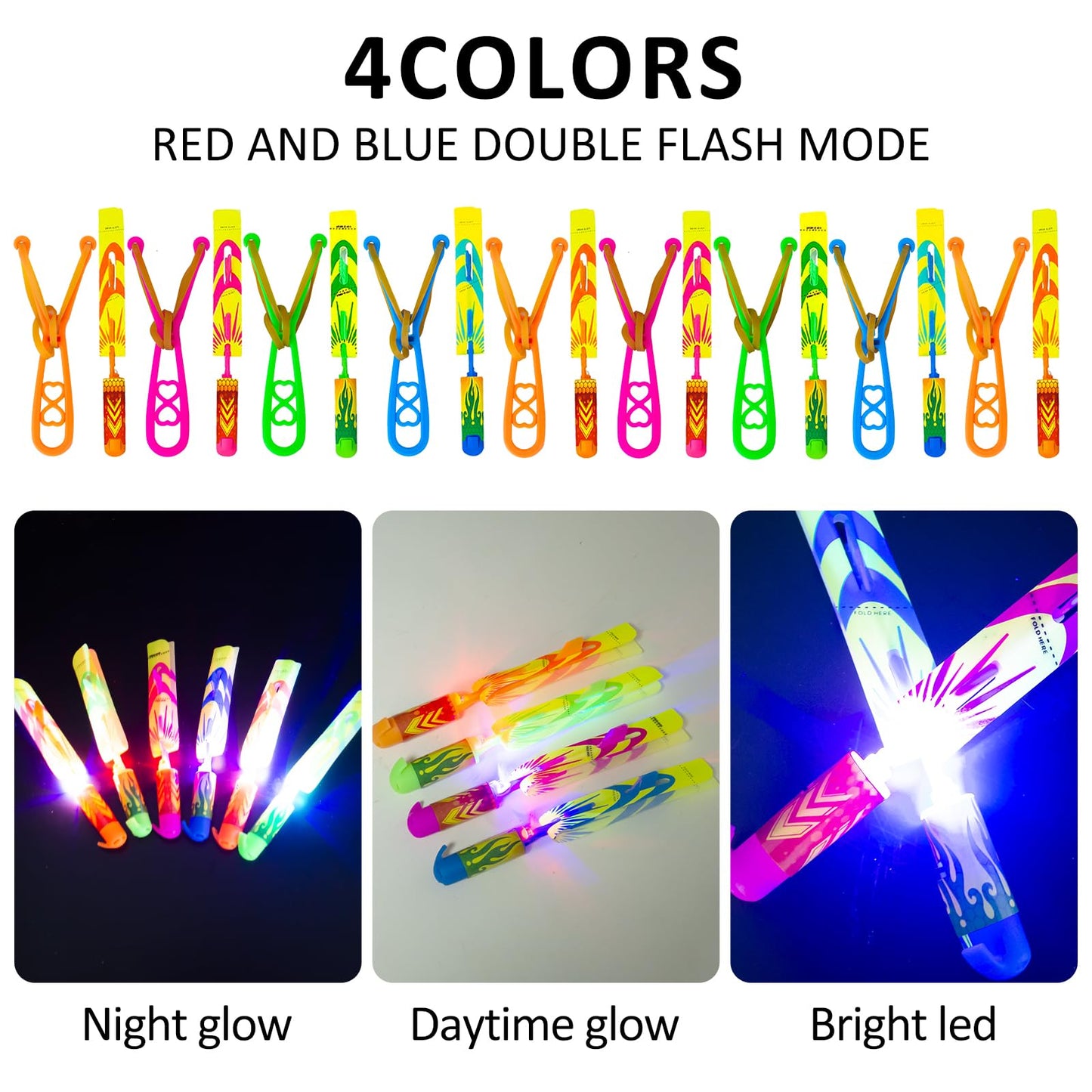 Bloolilies 50 Pcs LED Slingshot Flying Toys for Kids with 25Pcs Slingshots+25Pcs Glow Helicopters Glow in The Dark Rocket Launcher Outdoor Light Up Toys Birthday Gift Party Favors for kids 4-8 8-12